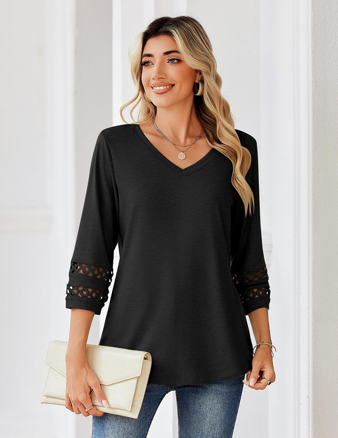 Detalle de Zeagoo Camicia Donna Elegante con Maniche 3/4 — Scollo a V, Tunica Estiva ampia