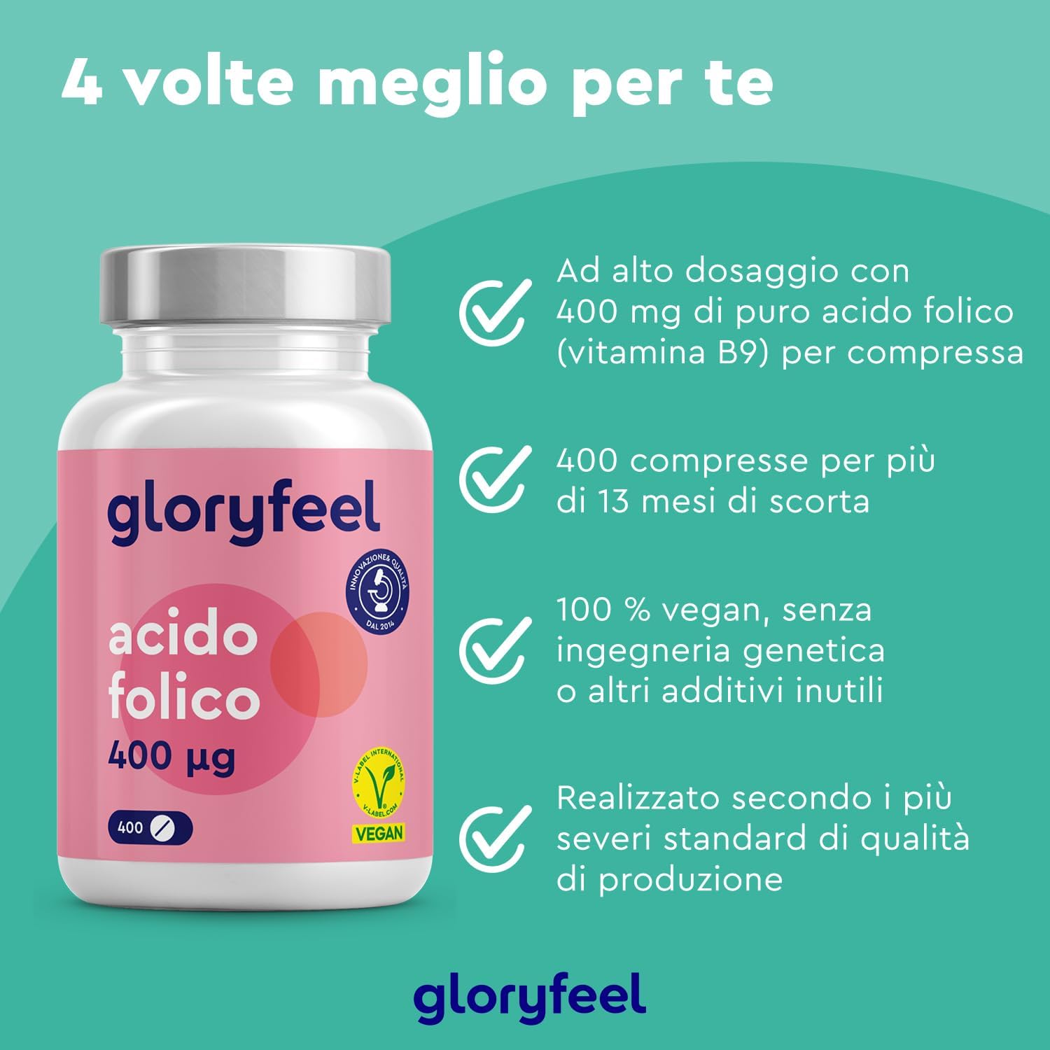 Detalle de Acido folico 400 µg compresse (vitamina B9) per il 1° trimestre: 400 compresse, 100% vegan