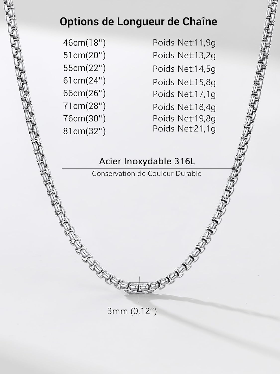 Thumbnail 5 de PROSTEEL Chaîne Collier Homme Maille Vénitienne Arrondie 3 mm – Acier Inoxydable + Plaqué Or/Métal Noir, Longueurs 46–81 cm