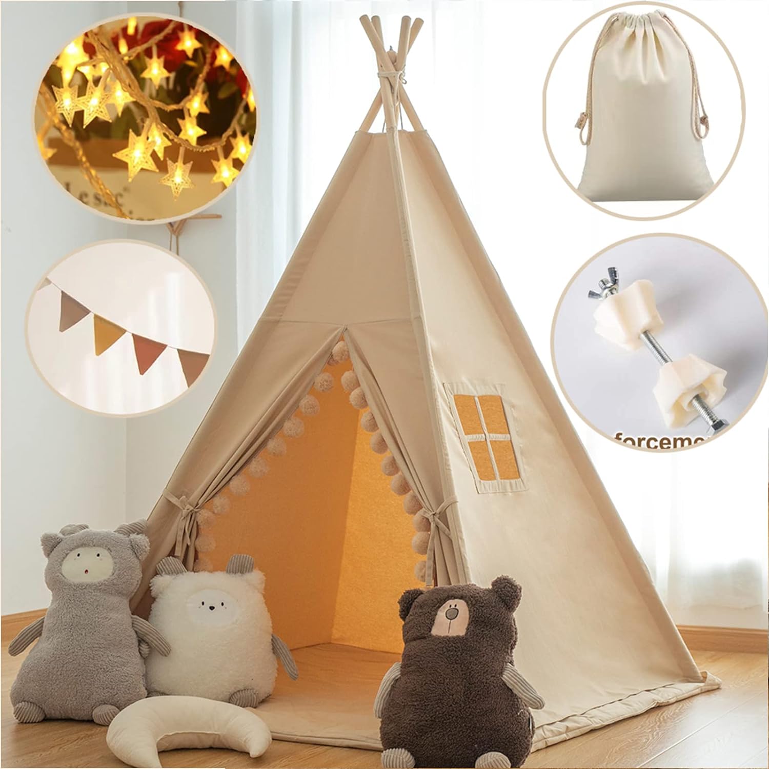 Thumbnail 3 de RONGFA Kids Teepee Tent Indoor Play Cottage with Floor Mat, Star Light & Carry Bag