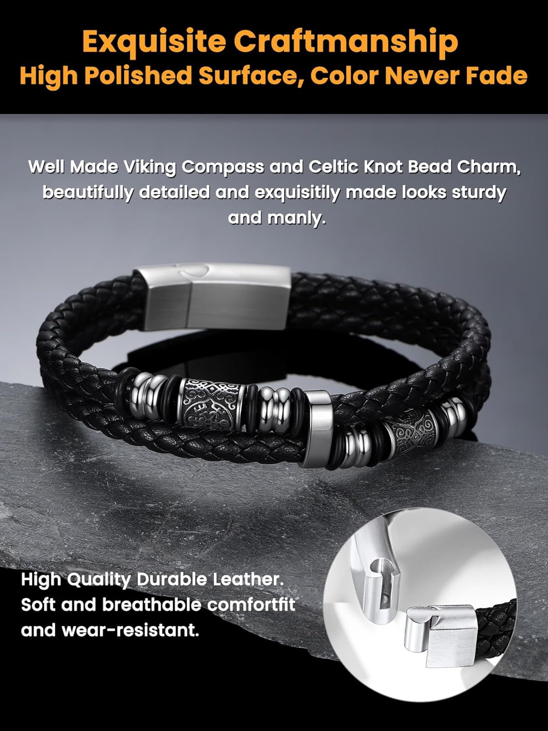 Thumbnail 4 de Bestyle Bracciale Uomo in Pelle con Bussola Vichinga e Chiusura Magnetica – Multistrato, Impermeabile (19/21/23 cm)