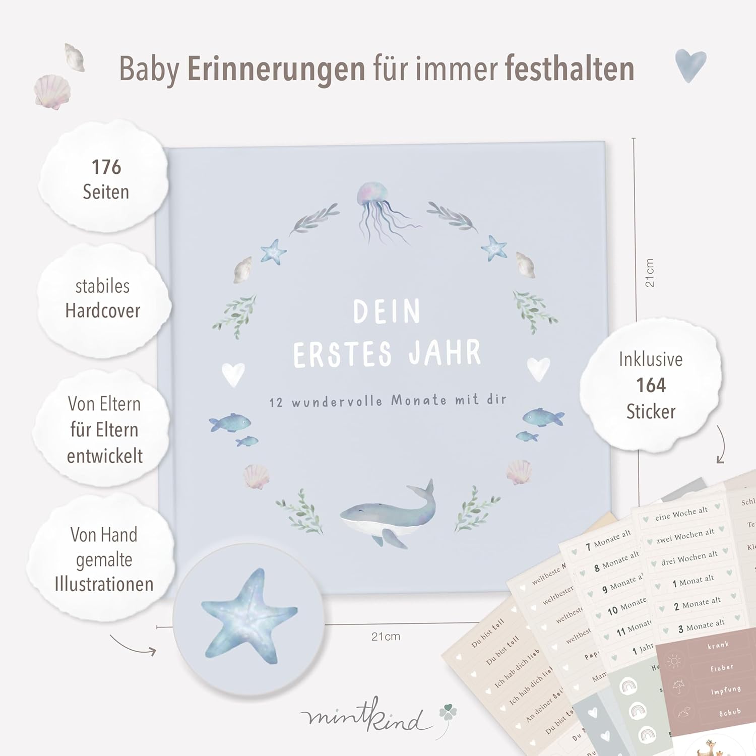 Thumbnail 1 de mintkind® „Mein erstes Jahr“ Babyalbum Wal blau mit 176 Seiten & Sticker-Set (Hardcover, 21 x 21 cm)