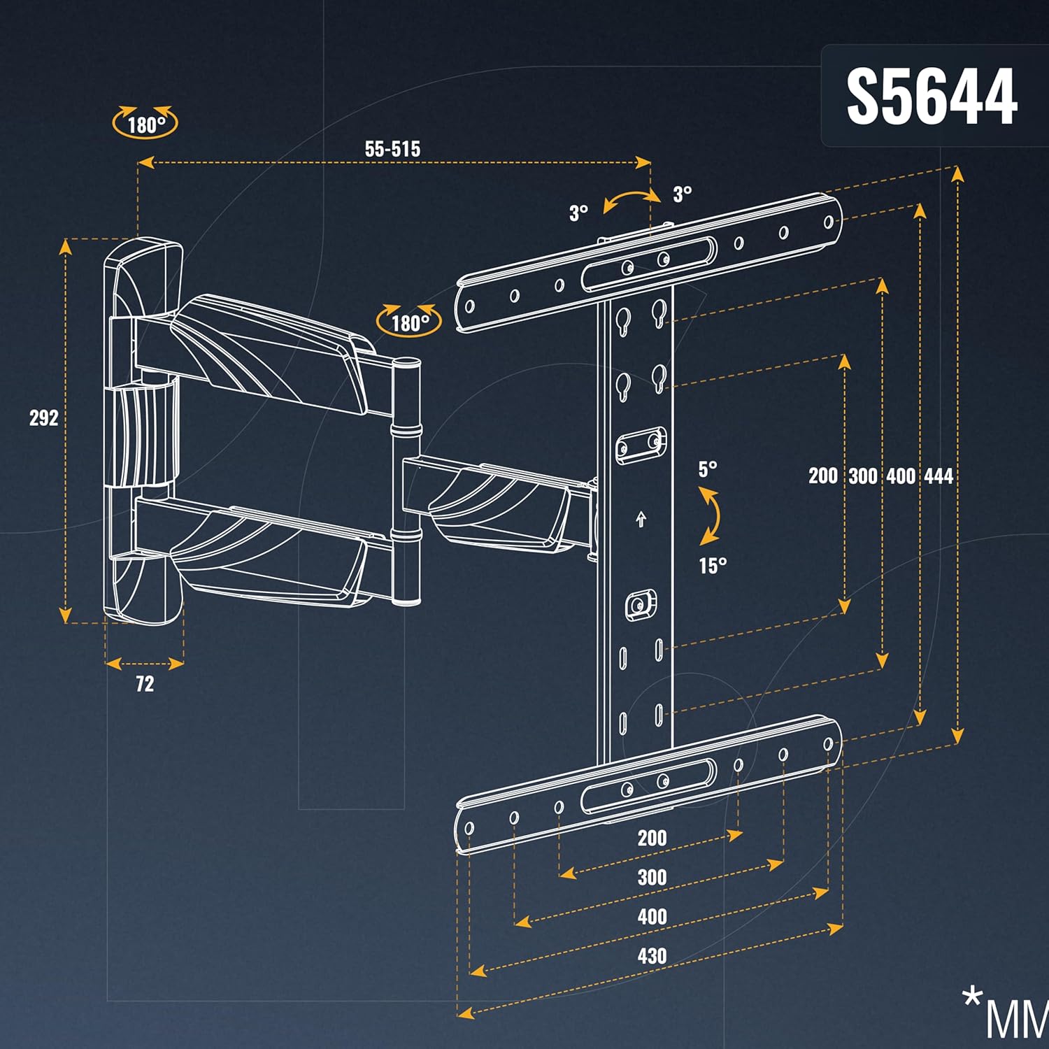 Thumbnail 5 de Support mural TV RICOO Support Murale Orientable S5644, inclinable pour écrans 37 à 55 pouces (VESA 200x200 à 400x400)