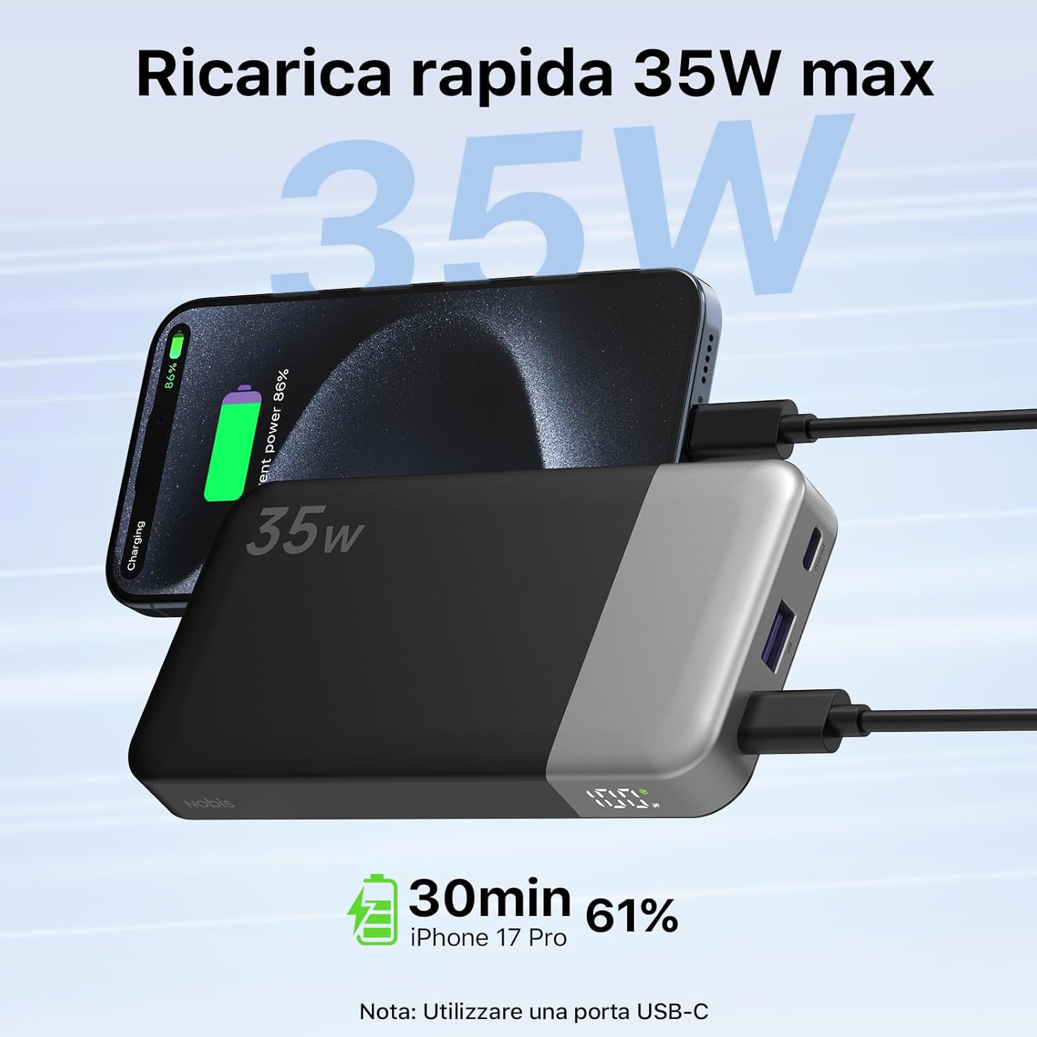 Thumbnail 1 de NOBIS Power Bank 35W portatile da 10.000 mAh con ricarica rapida 2 USB-C & USB-A e display digitale