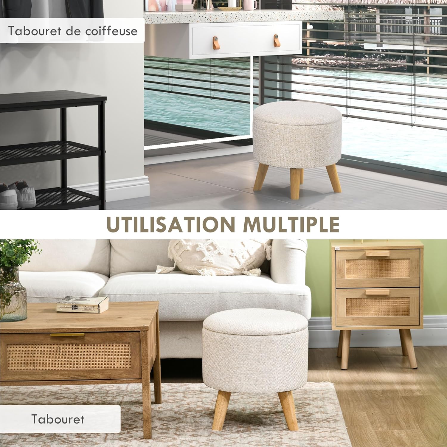 Thumbnail 4 de HOMCOM Pouf Rond Repose-Pieds Tabouret avec Coffre de Rangement