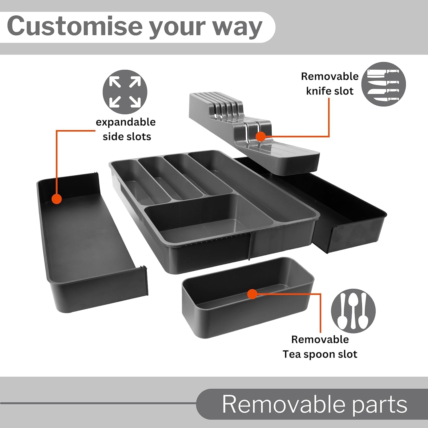 Thumbnail 6 de nuovva Cutlery Drawer Organiser – adjustable expandable utensil tray with removable dividers, black & grey