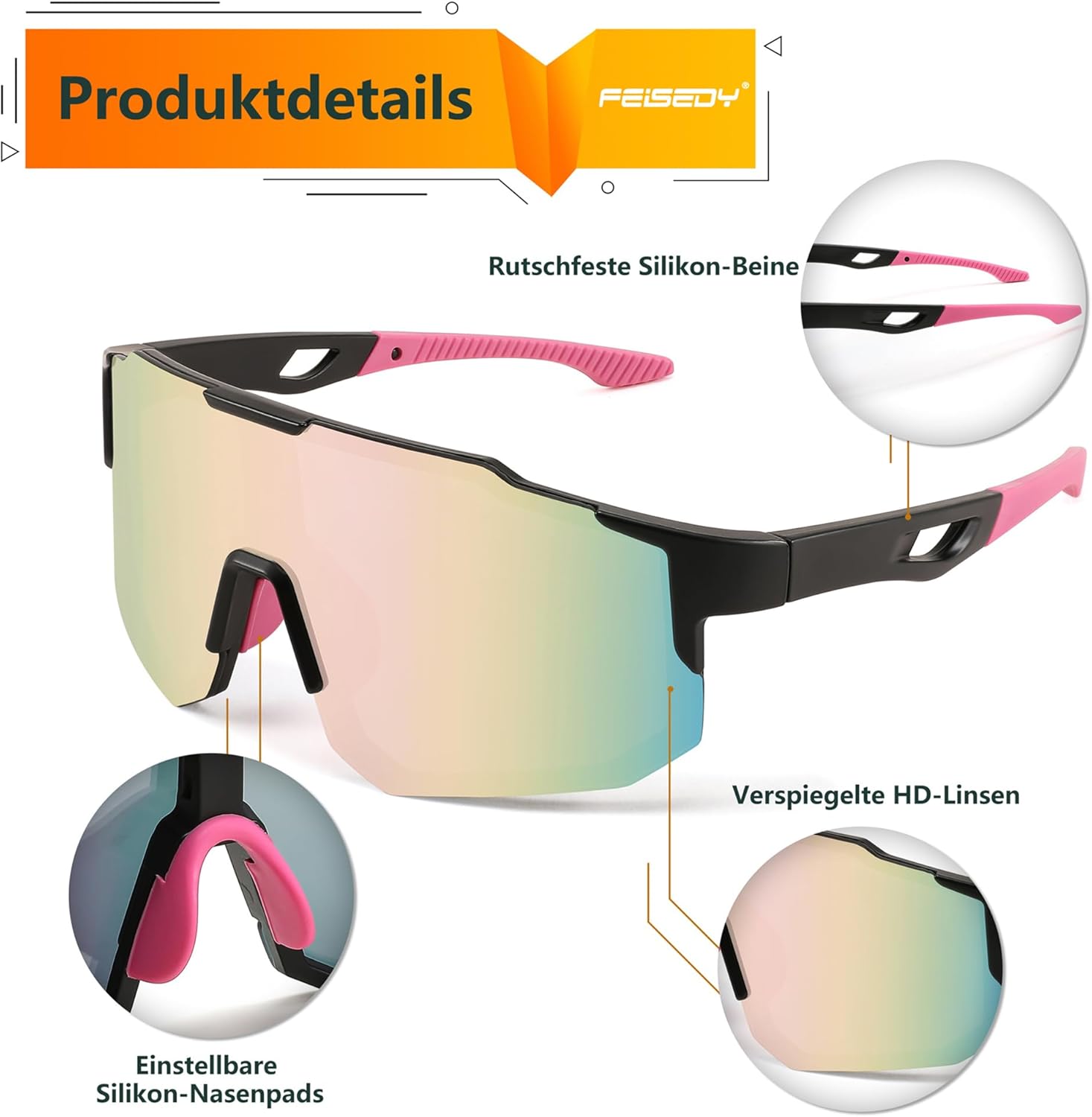 Thumbnail 5 de FEISEDY Sport Sonnenbrille für Fahrrad, MTB & Rennrad – UV400, verspiegelte Gläser (B2388)