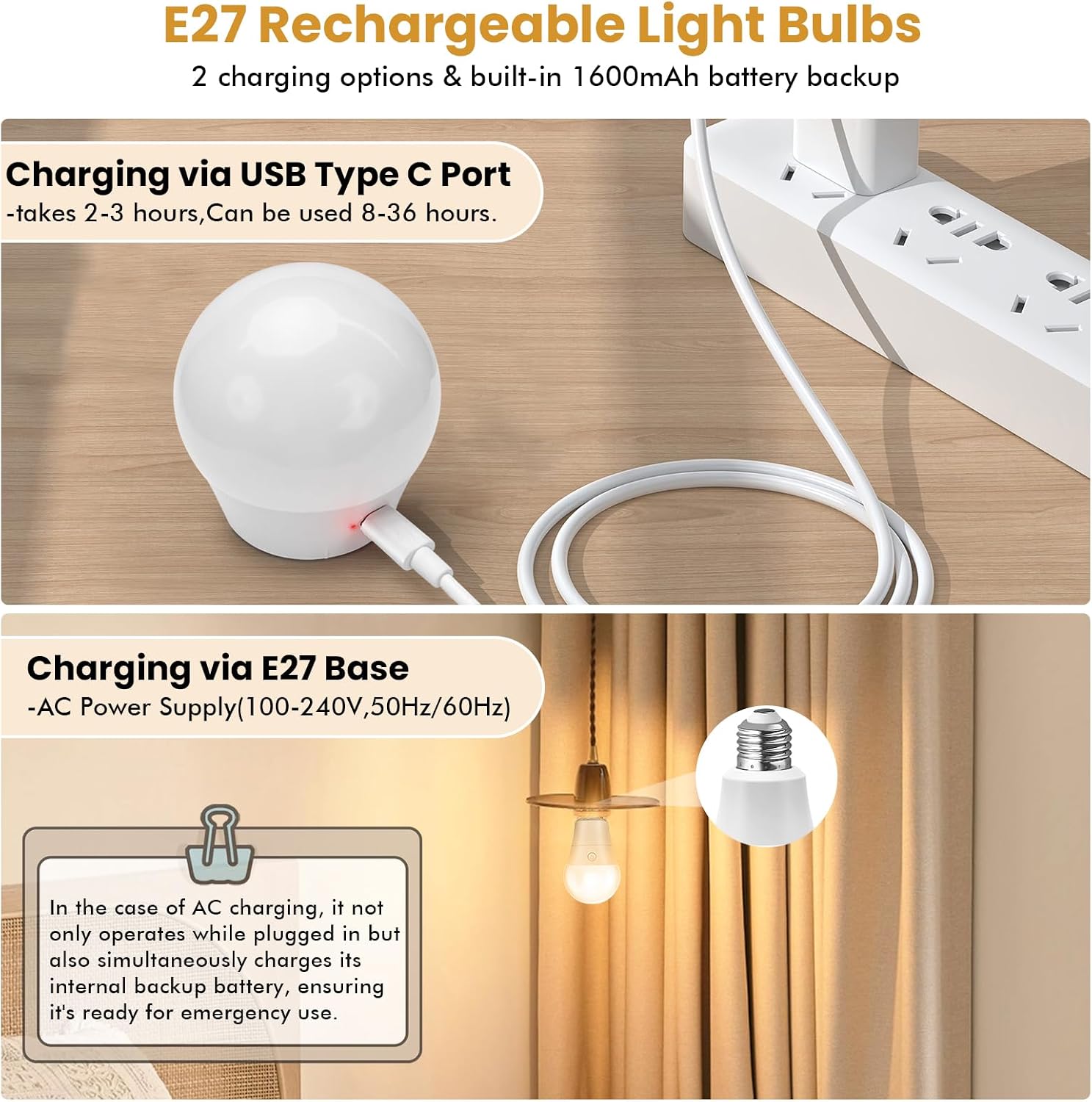 Detalle de INTERESTIME INT-CXDP-2EU oplaadbare E27-ledlampen, 7 W, magnetisch, set van 2