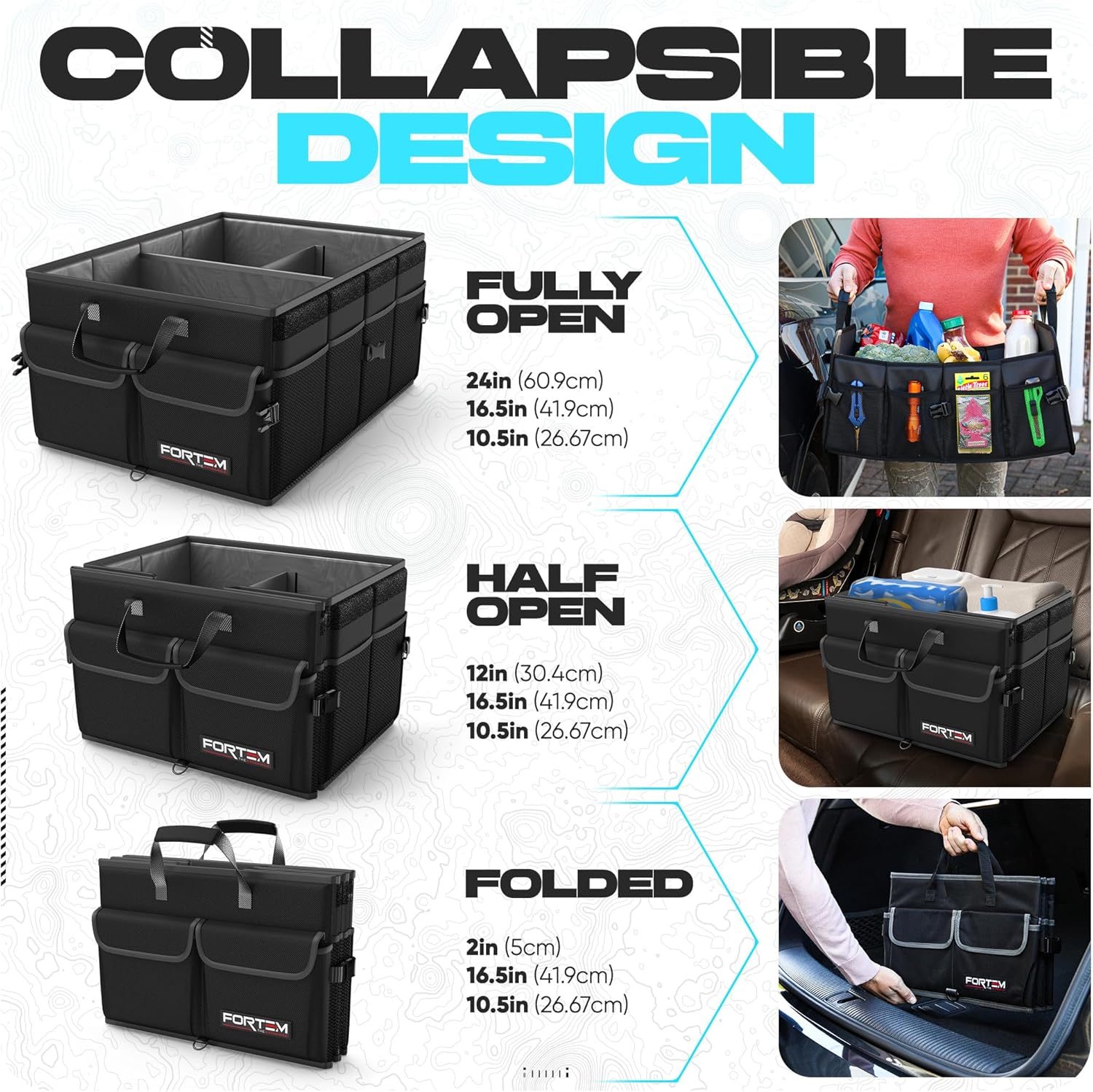 Detalle de FORTEM Car Boot Organiser (Collapsible Multi-Compartment SUV Organizer) – 600D Oxford, Soft Cover, 65L