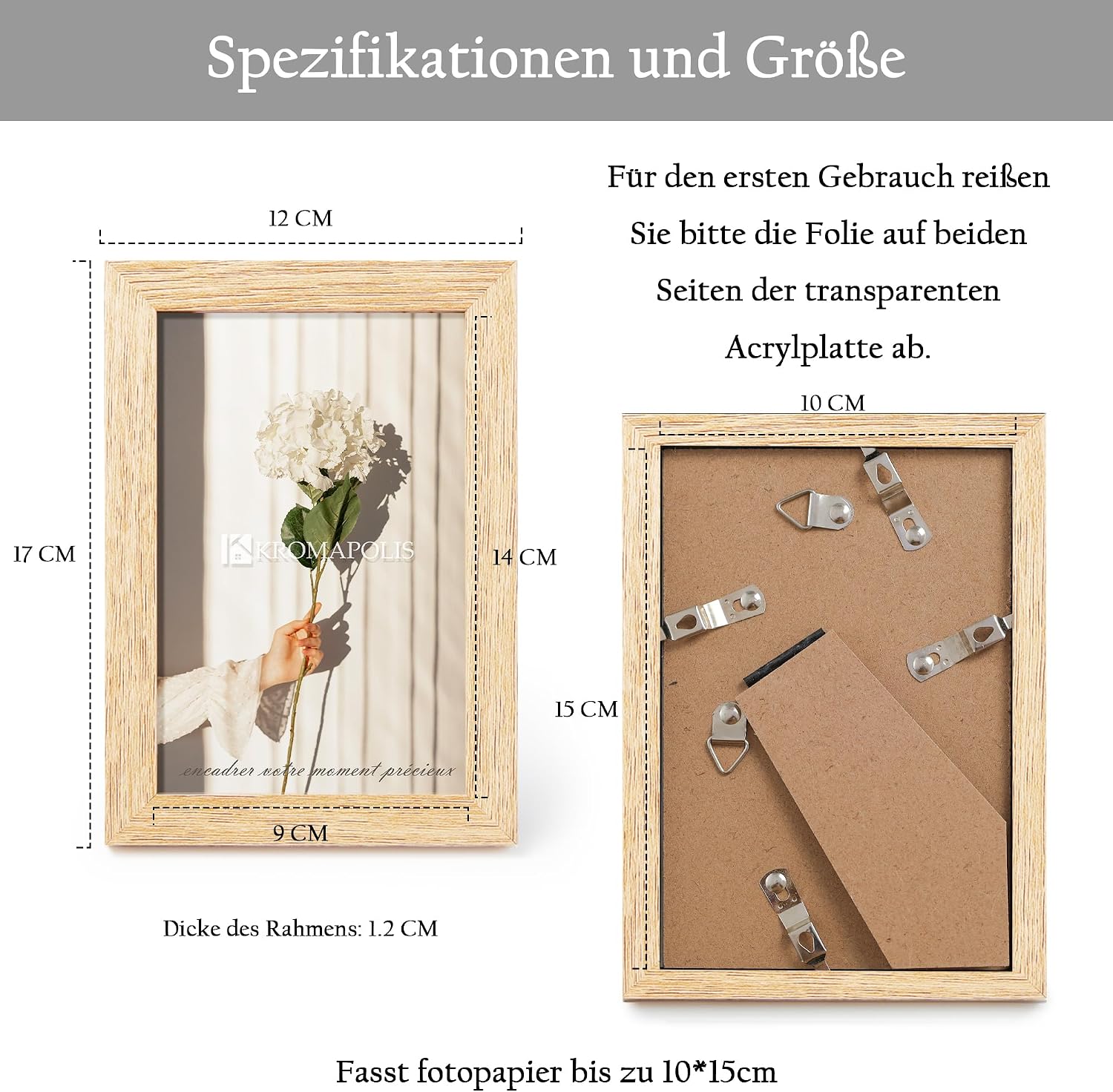 Detalle de Kromapolis Lot de 4 petits cadres photo en MDF effet chêne naturel 10 x 15 cm