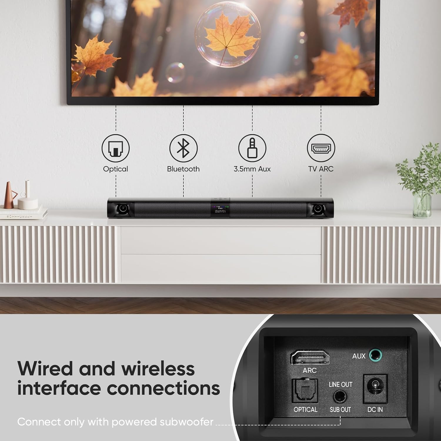 Thumbnail 3 de Saiyin Sound Bar for Smart TV — 80W 2.0 Detachable System with Bluetooth, ARC/Optical/AUX