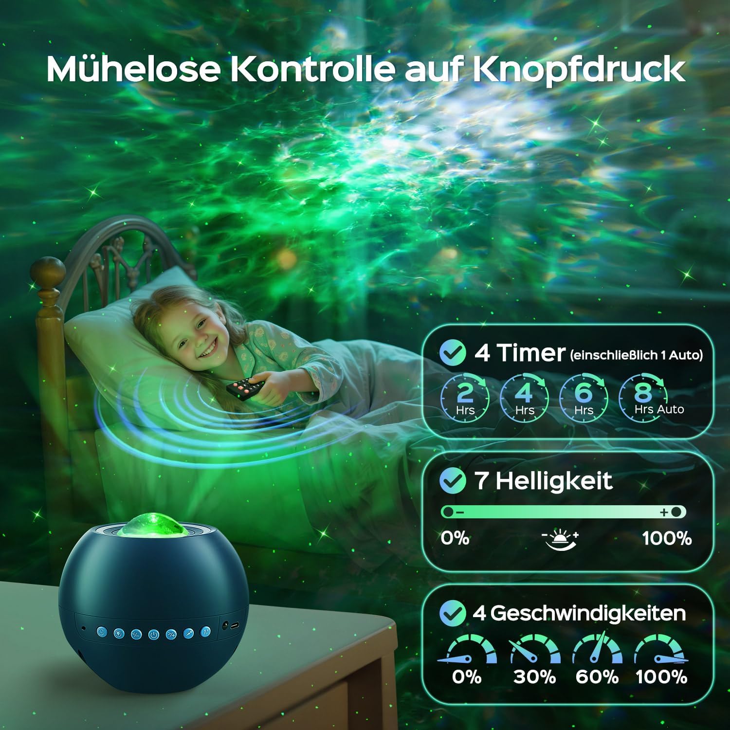 Detalle de One Fire Sternenhimmel Projektor – 15 Farben, 15 Einschlaflieder, Bluetooth & Fernbedienung