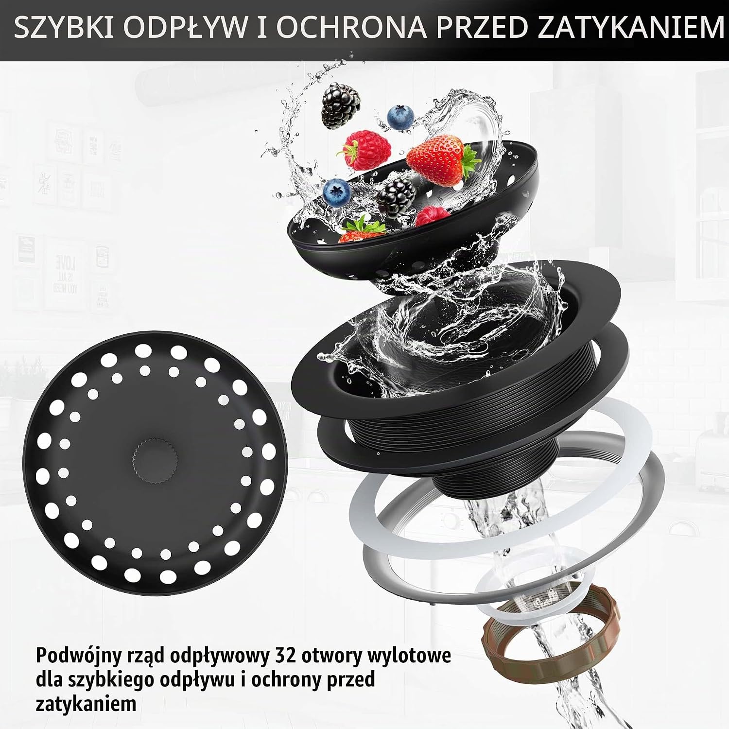 Detalle de EXAKEY odpływ do zlewu kuchennego, stal 304, matowa czerń i wyjmowany koszyk