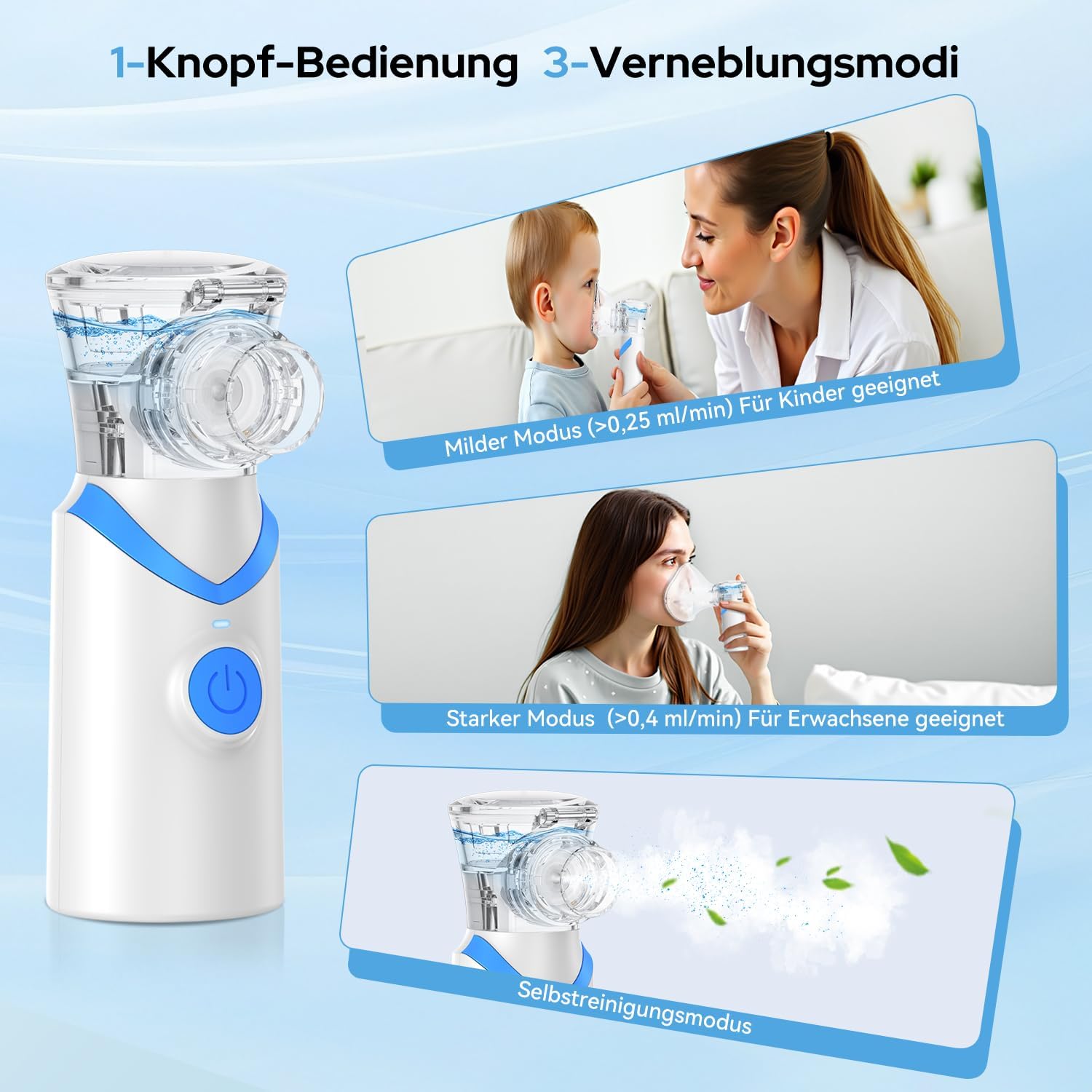 Detalle de Larair Inhalationsgerät für Erwachsene & Kinder – leiser, wiederaufladbarer Vernebler mit Selbstreinigung, blau