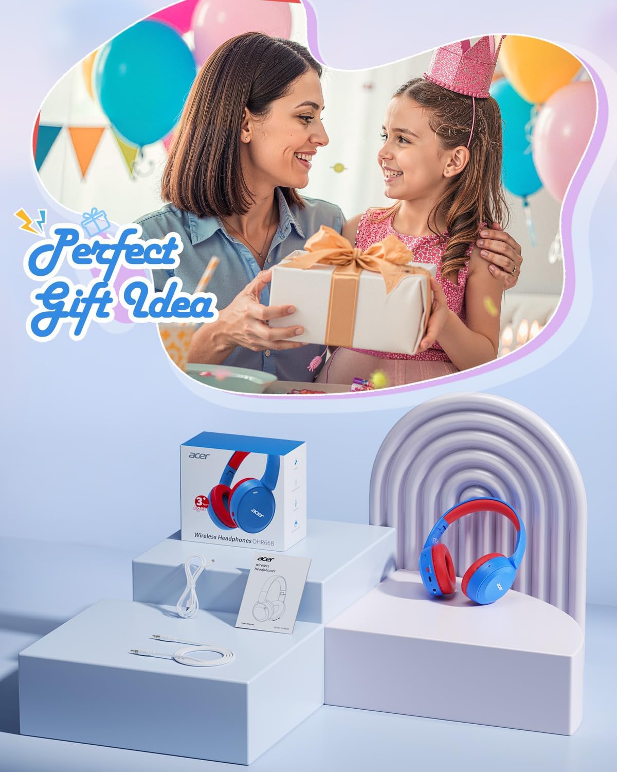 Detalle 1 de Acer OHR668(BR) Kids Bluetooth Headphones, 85/94 dB Limit, 60-Hour Playtime