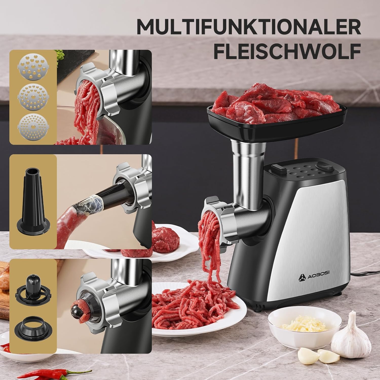 Thumbnail 2 de AAOBOSI Fleischwolf 3-in-1 Elektrischer Fleischwolf – 2800 W max, 2 Klingen, 3 Platten, Wurstfüller und Kubbe-Kit aus Edelstahl
