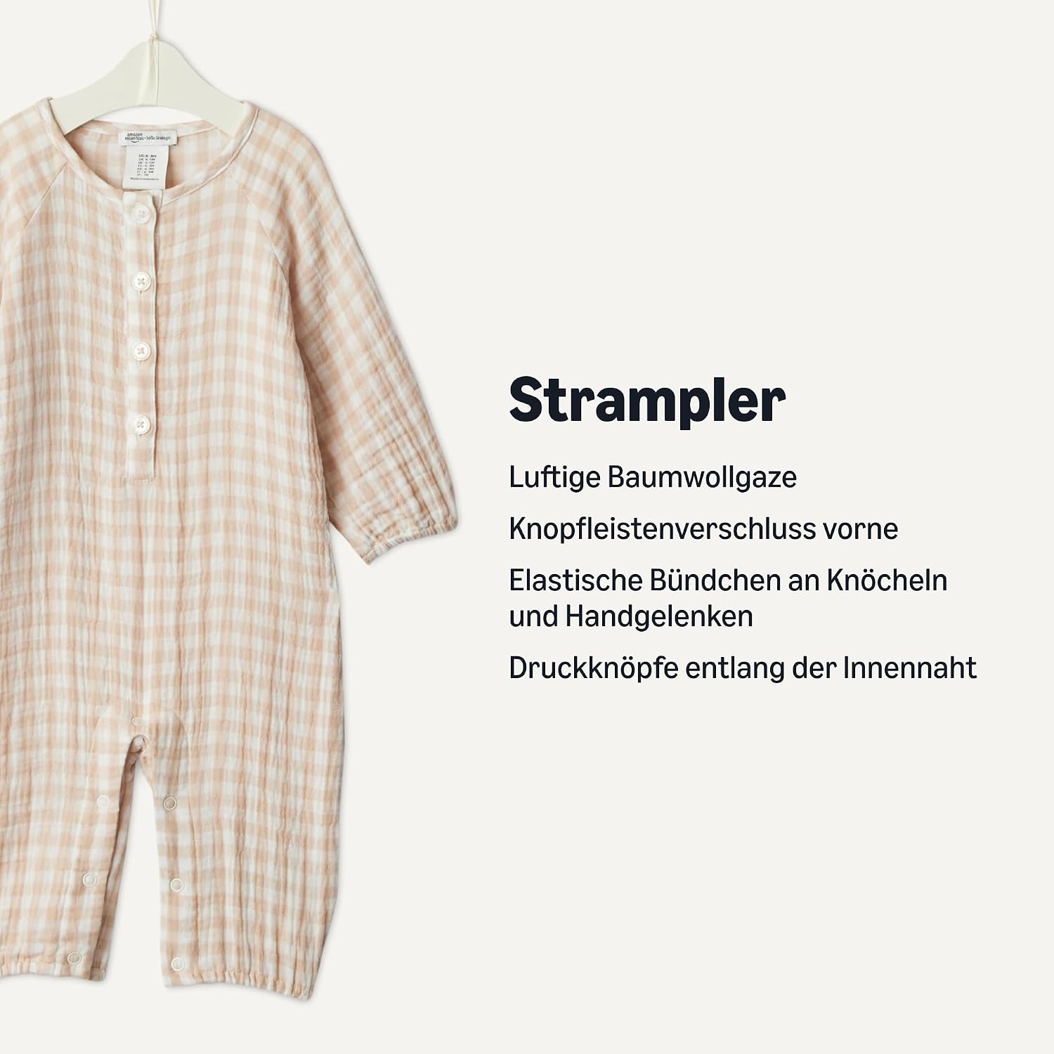 Detalle de Amazon Essentials x Sofia Grainge Langärmeliger Baby-Strampler aus Baumwollgaze – Unisex