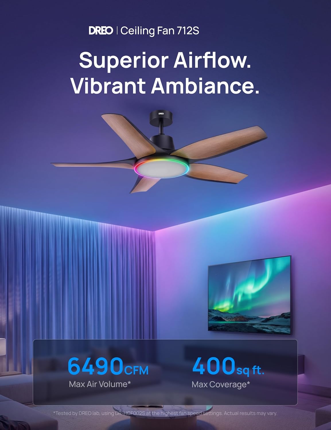 Detalle de DREO Smart Ceiling Fan with Lights (Low Profile, 52in) with Alexa/App Control, Dimmable RGB Ambiance, Black