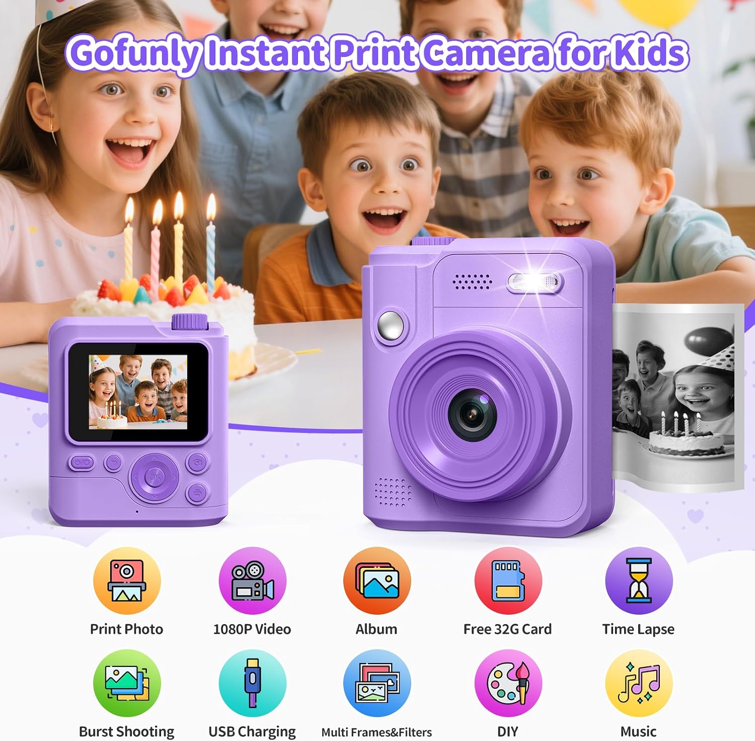 Detalle 2 de Gofunly Kids Camera Instant Print 1080P Purple
