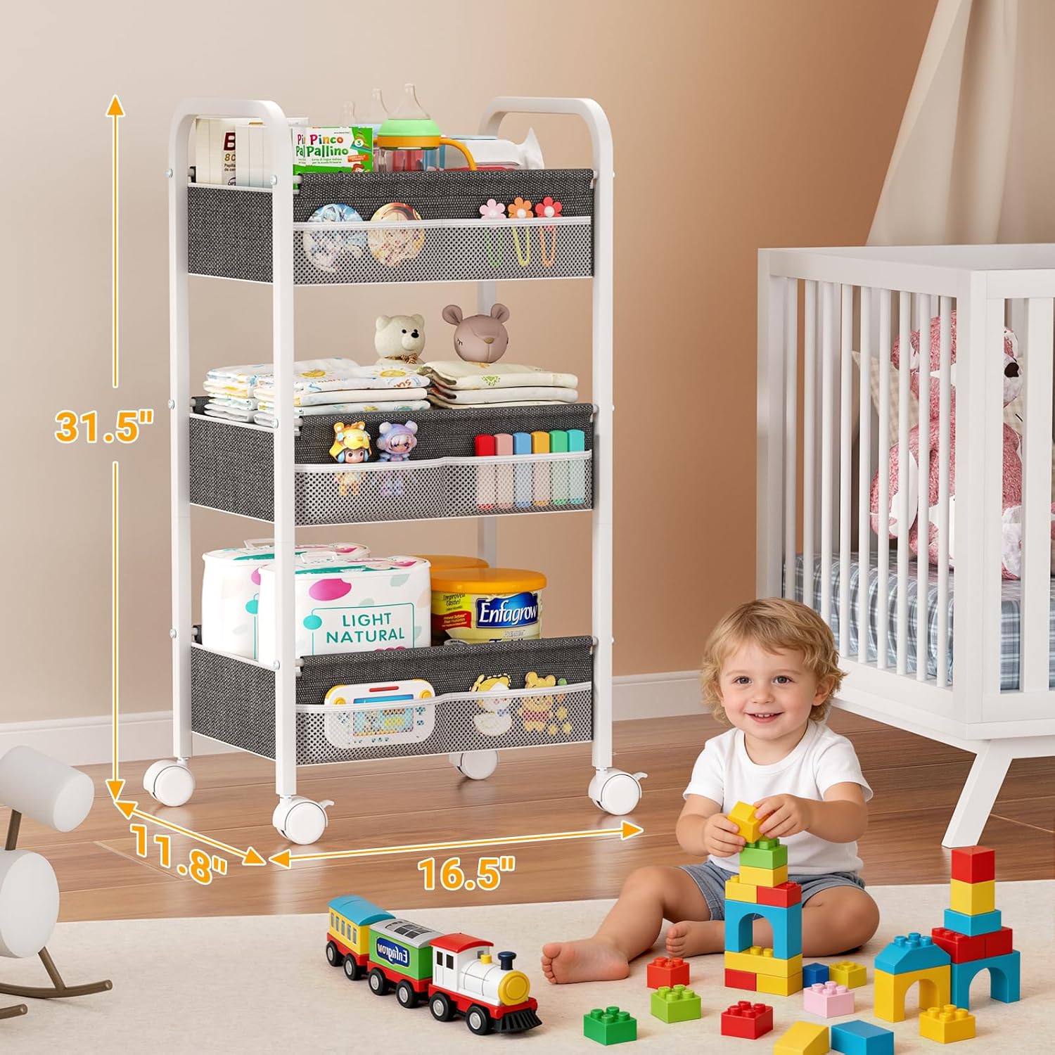 Detalle 2 de Baby Diaper Caddy Rolling Utility Cart, 3-Tier Nursery Organizer in White