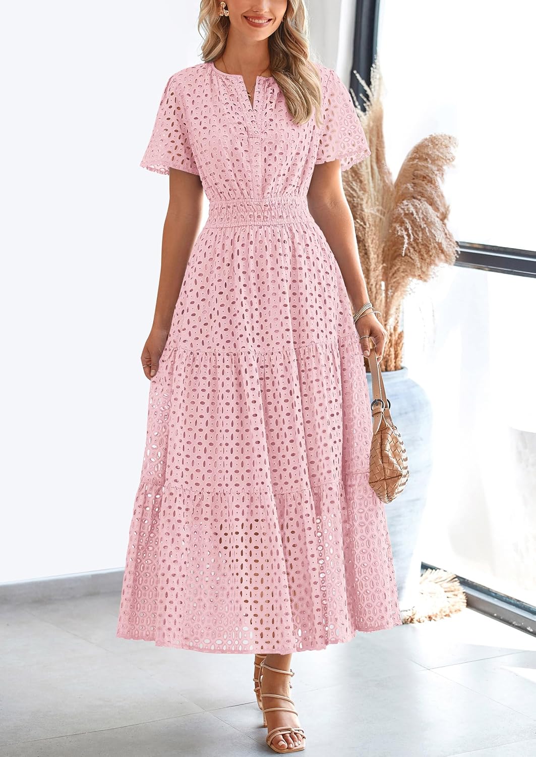 Detalle de PRETTYGARDEN Womens 2026 Summer Maxi Dress with Eyelet and V-Neck
