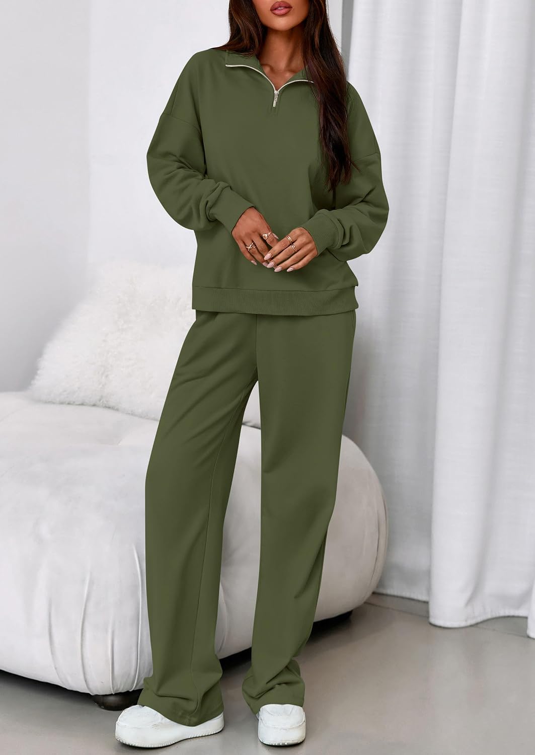 Detalle de PRETTYGARDEN Women's Sweat Set with Quarter-Zip Sweatshirt