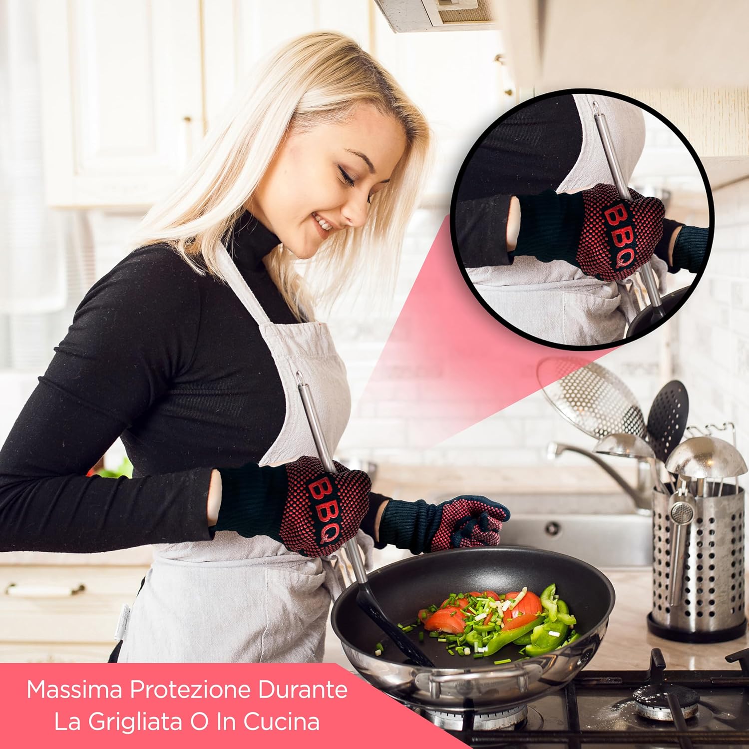 Detalle de Guanti da forno BBQ NutriChef resistenti fino a 800°C, antiscivolo in silicone