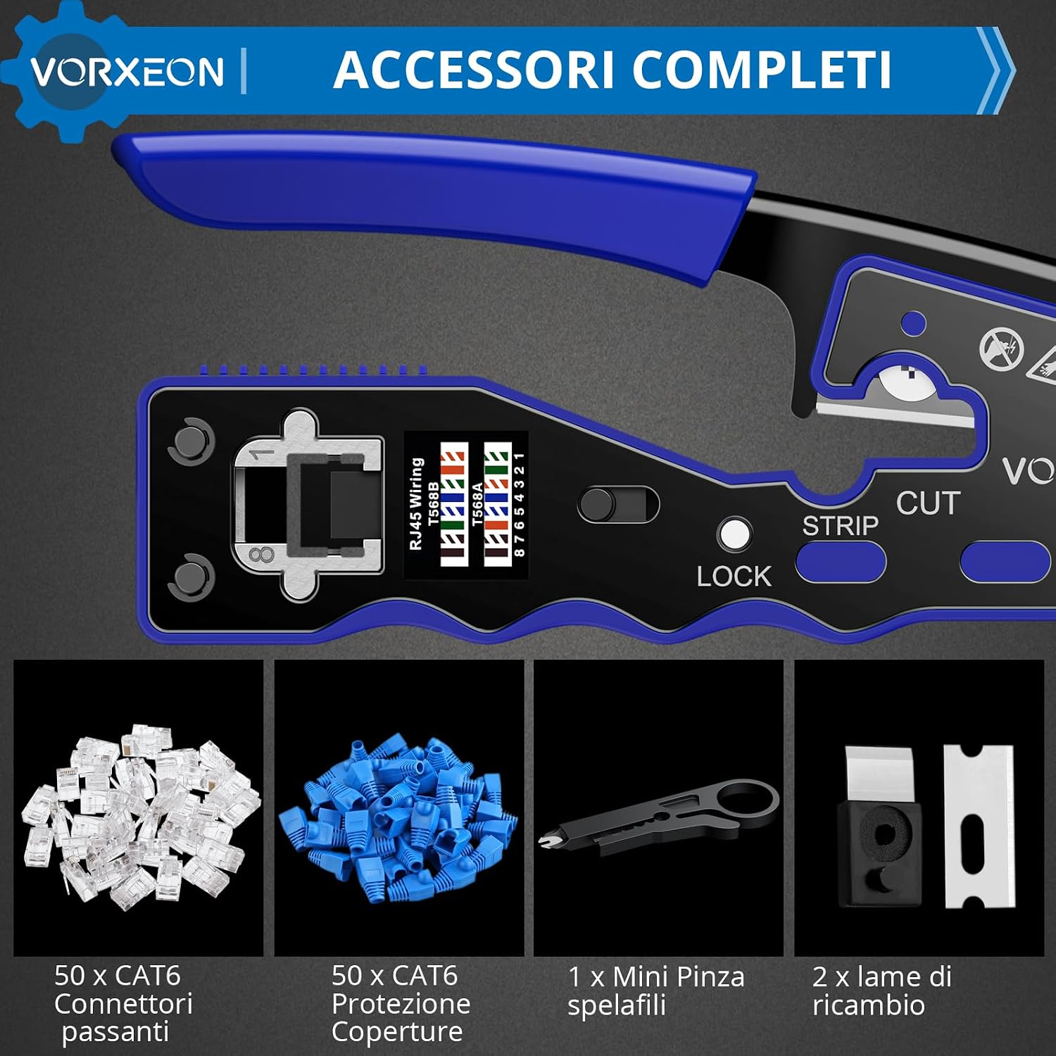 Thumbnail 6 de VORXEON Pinza Crimpatrice RJ45 di Rete Ethernet – Kit completo per cablaggio CAT5/CAT5E/CAT6/CAT6A