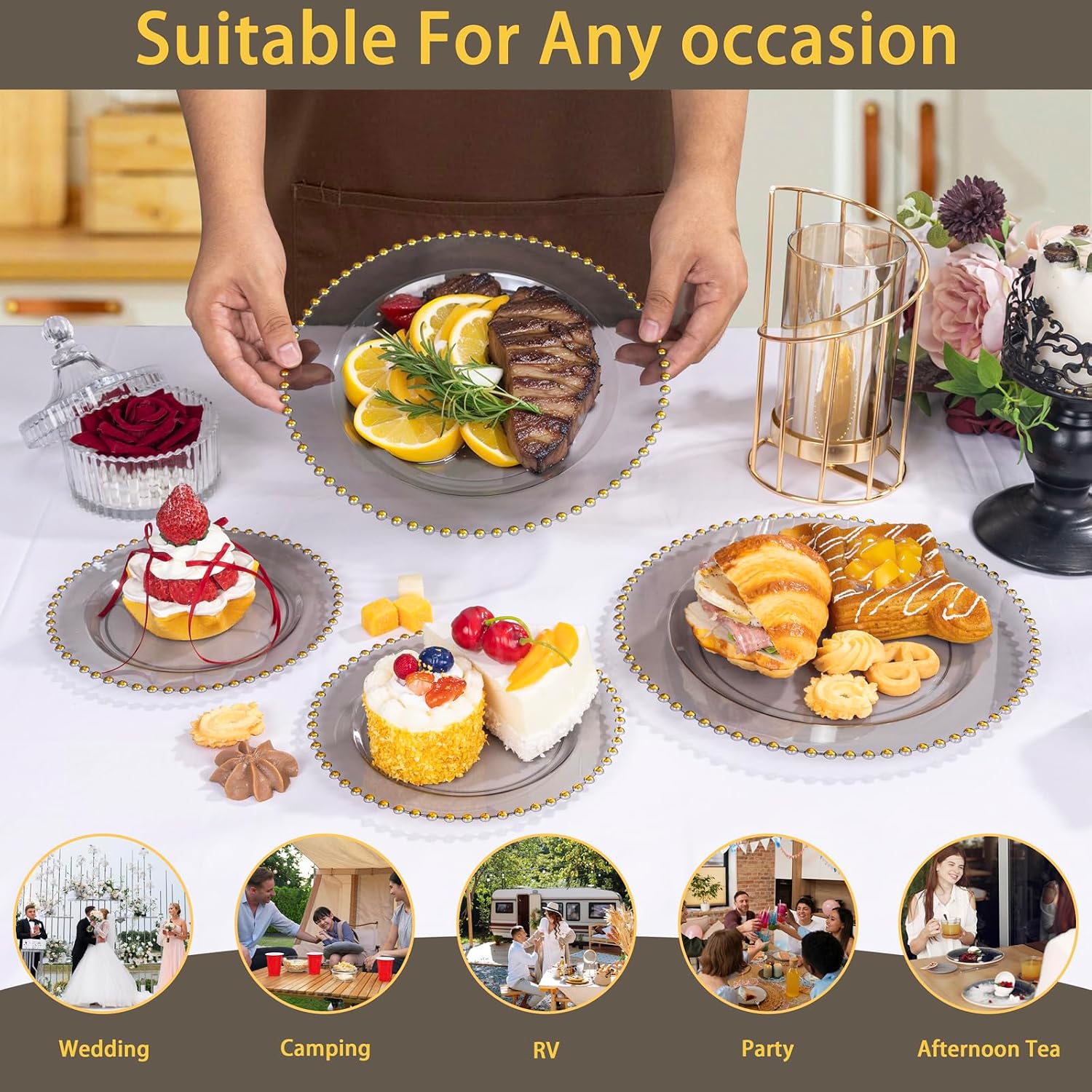 Thumbnail 6 de EI 60pcs Clear Black and Gold Plastic Plates: Heavy-Duty 10" Dinner & 7" Dessert Set