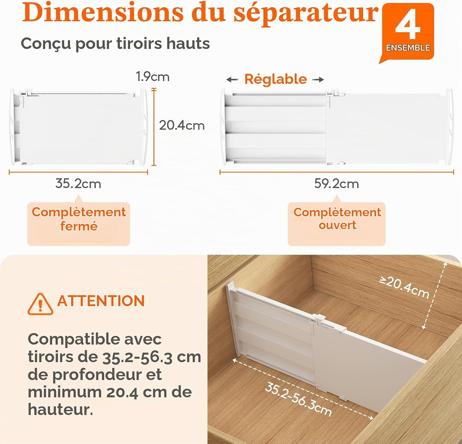 Detalle de Lifewit 24566 verstelbare kunststof ladeverdelers, 20 cm hoog, set van 4