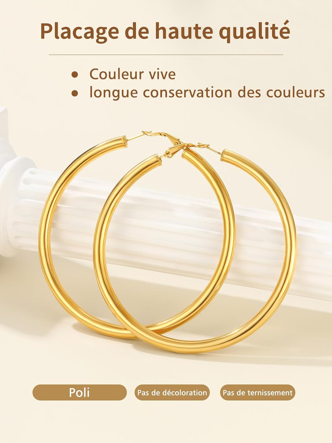 Detalle de FindChic Créoles en acier inoxydable pour femme (20/30/40/60/80 mm) – argenté, doré ou noir, fermoir à homard