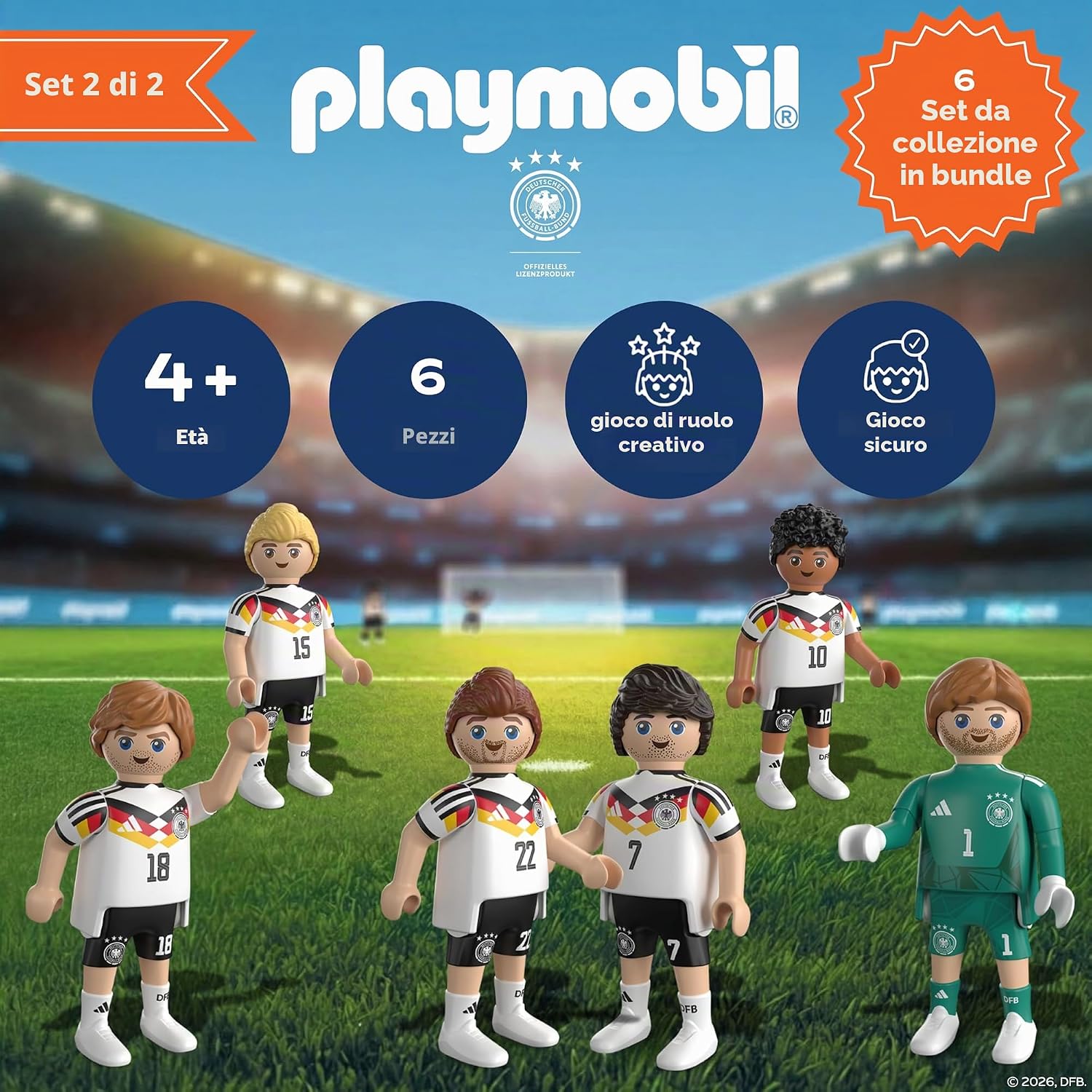 Detalle de PLAYMOBIL DFB Set giocatori 2 – Portiere e 5 giocatori per scene di calcio, 6 personaggi dinamici