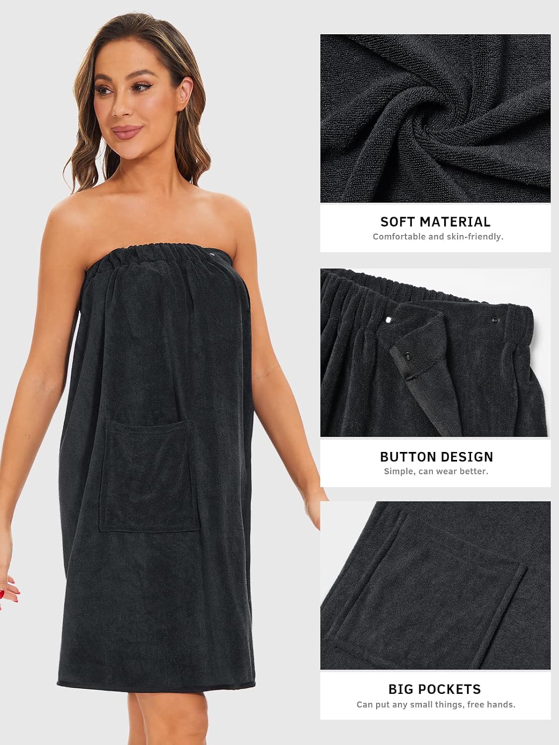 Detalle 2 de ROSYLINE Women's Shower Wrap Robe, Soft Bath Towel Wrap with Adjustable Snaps