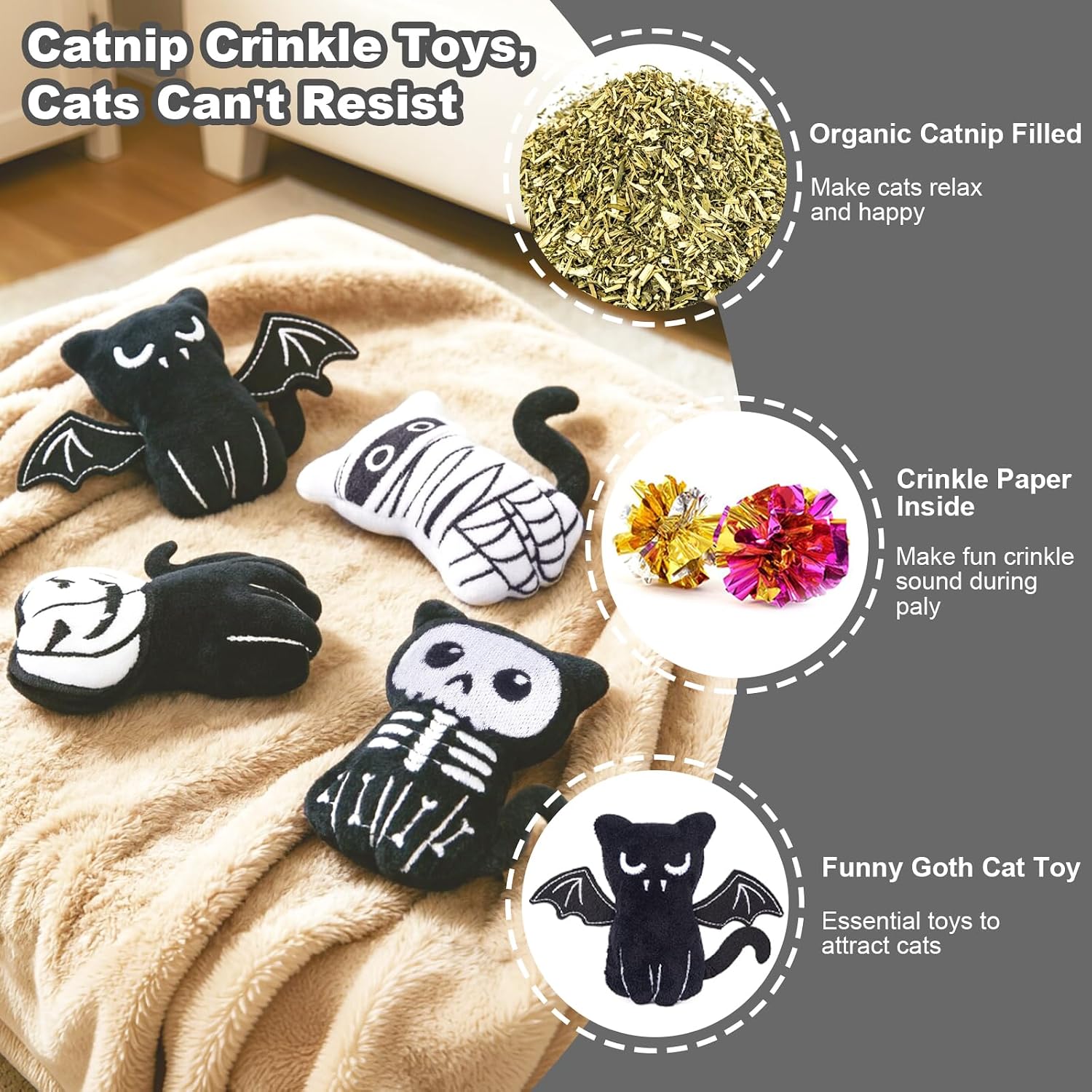 Detalle de Retro Shaw Halloween catnip toys Plush Cat Toys, 4-Pack with Crinkle Sound