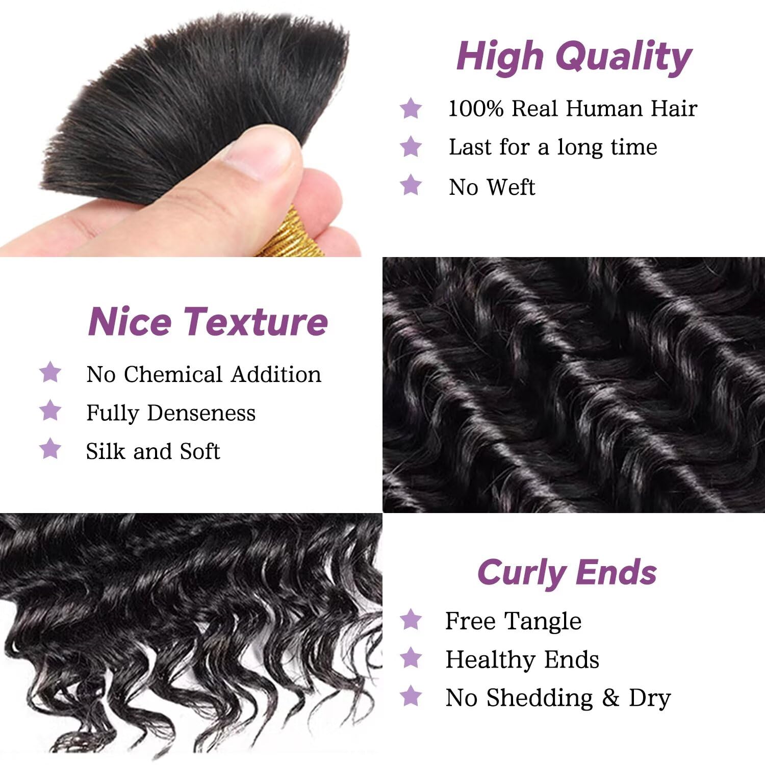 Detalle 2 de Afihond Human Braiding Hair for Boho Braids (Deep Water Wave), 120g Bulk Human Hair, No Weft, 3 Bundles, 18 Inch