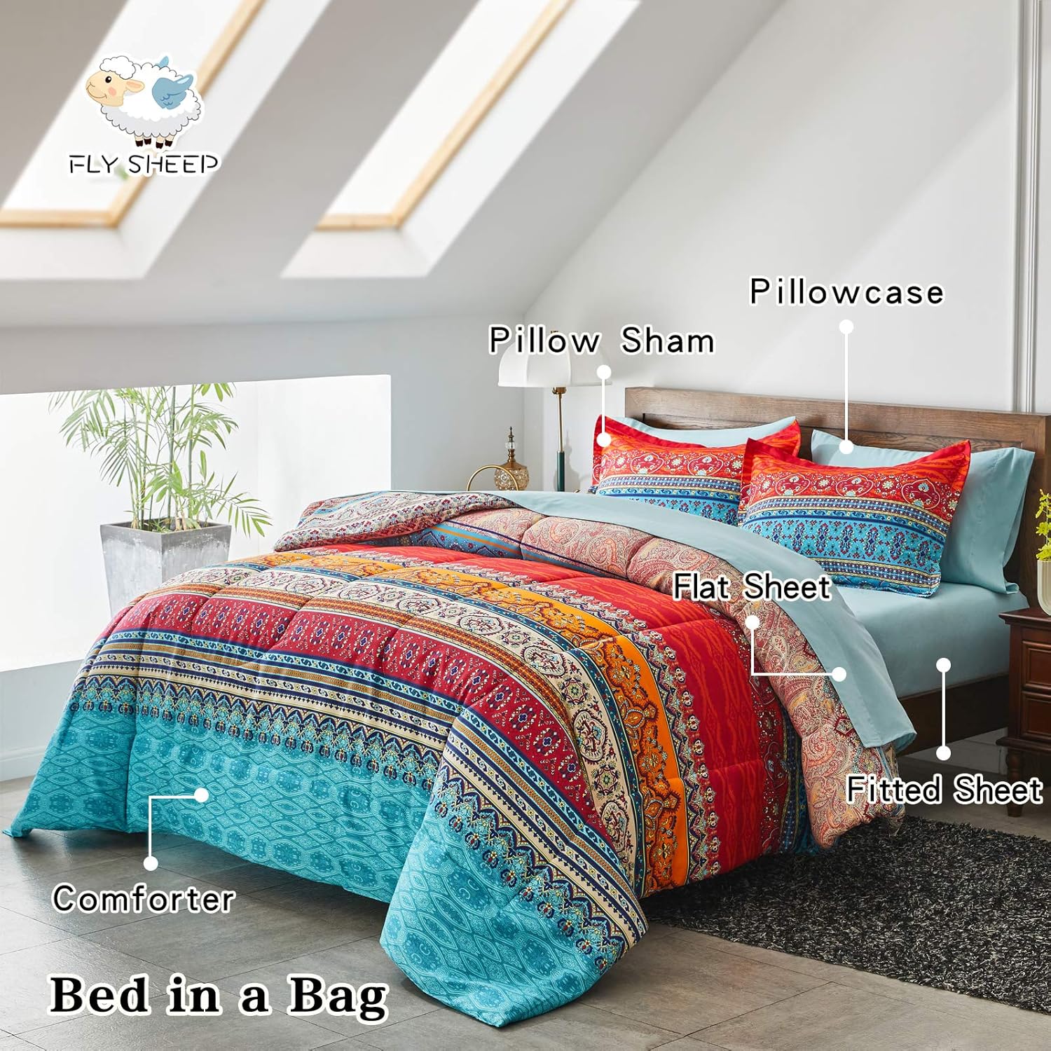 Detalle 2 de Flysheep 1 Boho Striped Queen Bed-in-a-Bag Set, Reversible Microfiber