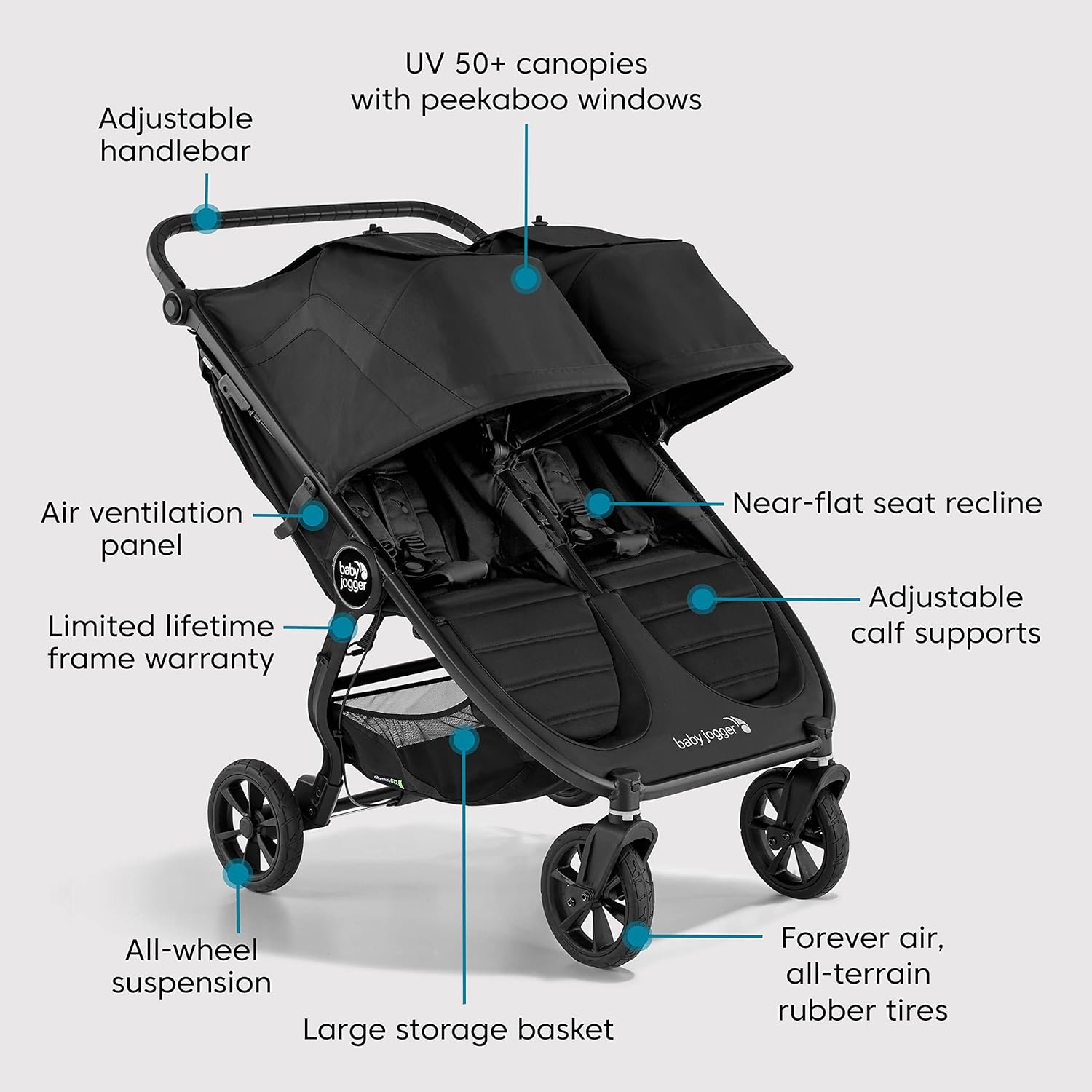 Thumbnail 6 de Baby Jogger City Mini GT2 All-Terrain Double Stroller (Forever Air Rubber Tires, All-Wheel Suspension, Twin Stroller with Belly Bar and Leatherette Handlebar) – Pike Color