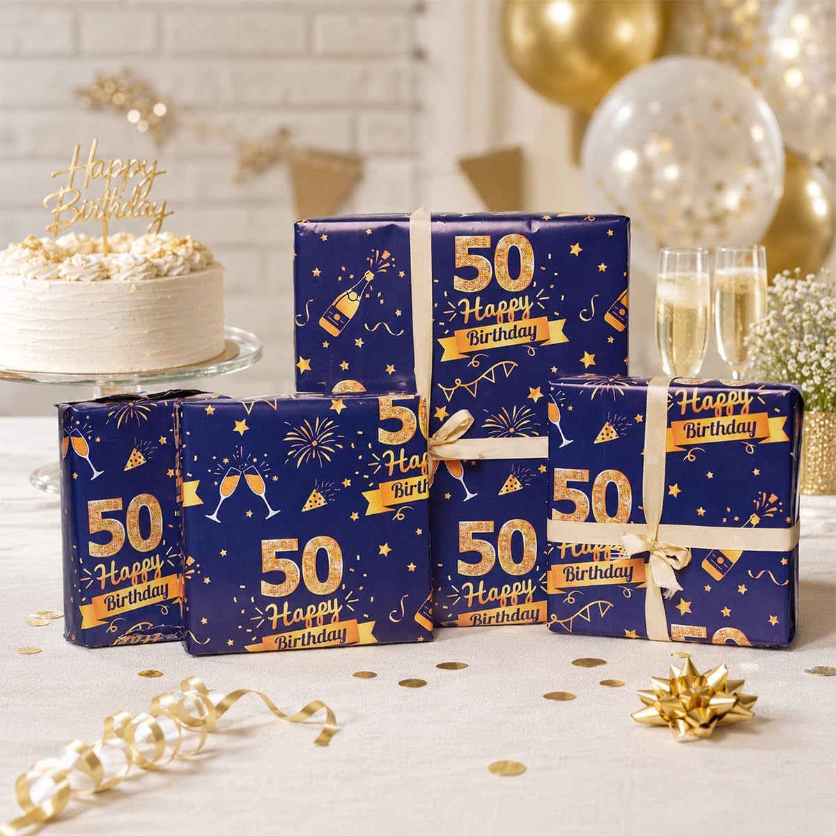 Detalle de 50th Birthday Blue & Gold Wrapping Paper Set with Tags and Ribbons
