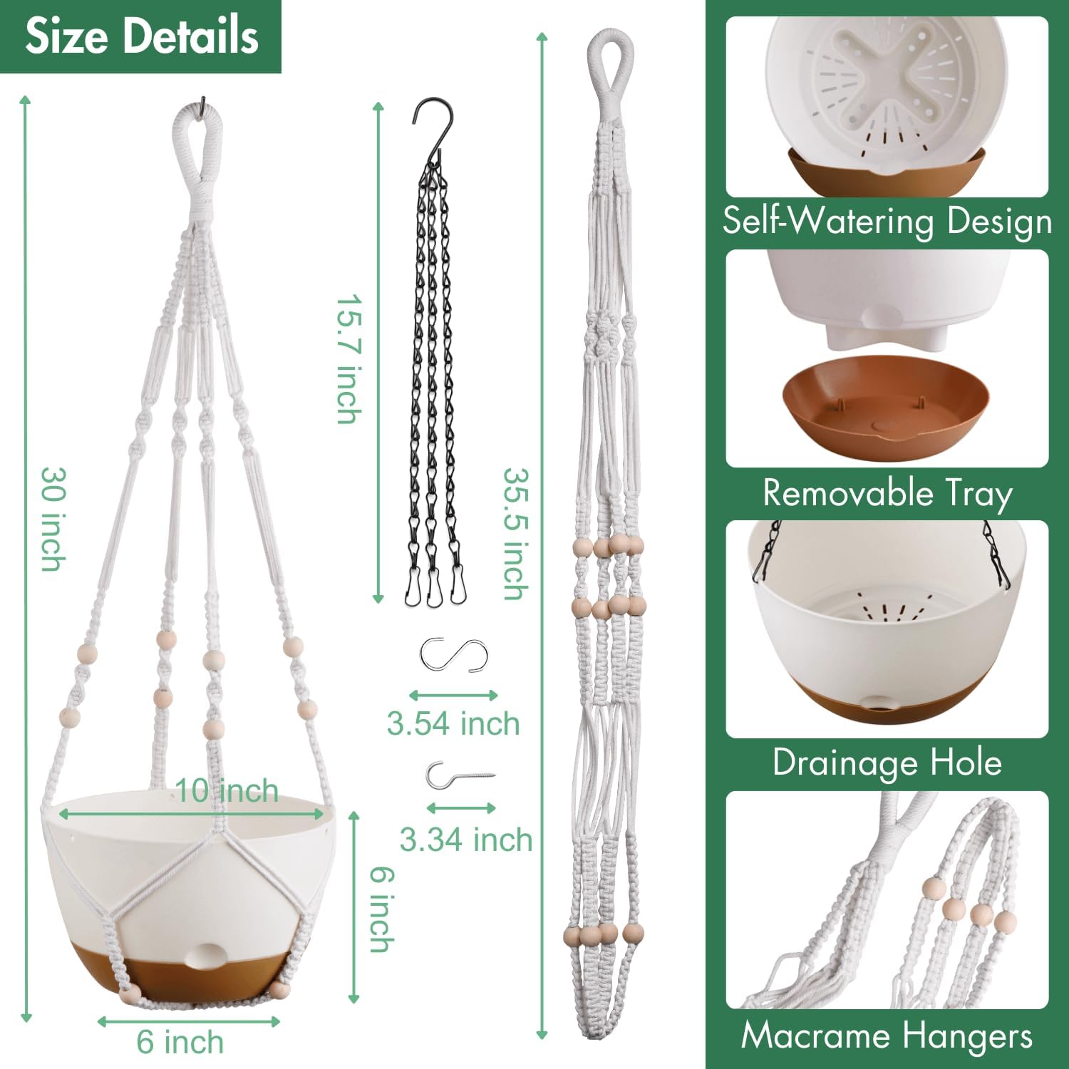 Detalle de montresor 10-Inch Hanging Planters, Self-Watering White PP Set of 2