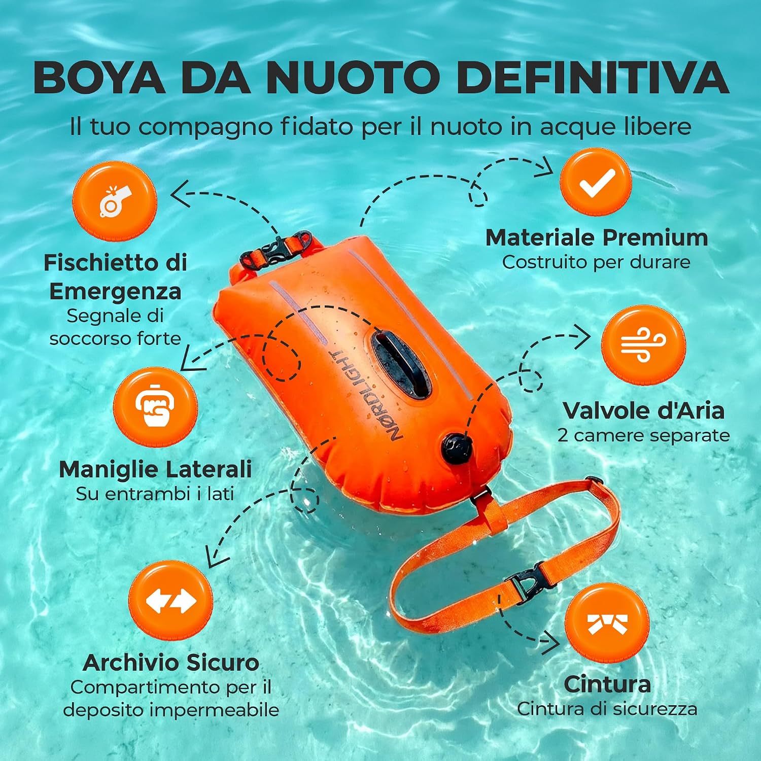 Detalle de Nordlight Boa Nuoto Acque Libere - Dry Bag Pull Buoy: Sicurezza, Visibilità e Praticità per Triathlon e Nuoto Open Water