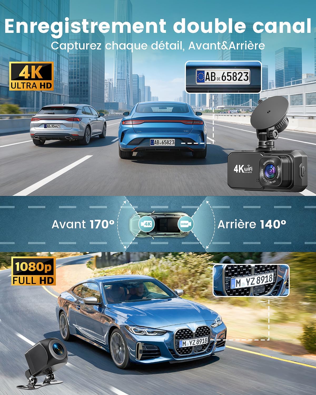 Detalle de Rmana Dashcam voiture avant/arrière 4K+1080P double caméra avec WiFi et écran IPS 3,18