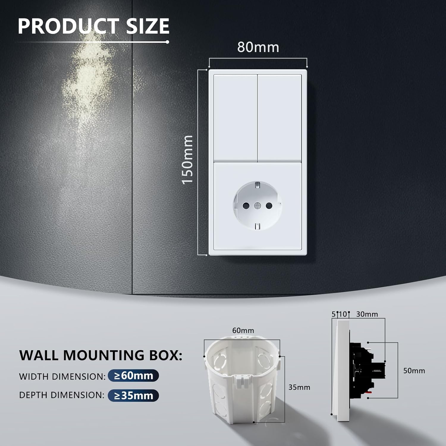 Thumbnail 1 de BSEED Lichtschalter mit Steckdose (2-fach, 2-Wege) Unterputz – Schuko-Wandschalter mit PC-Rahmen, weiß