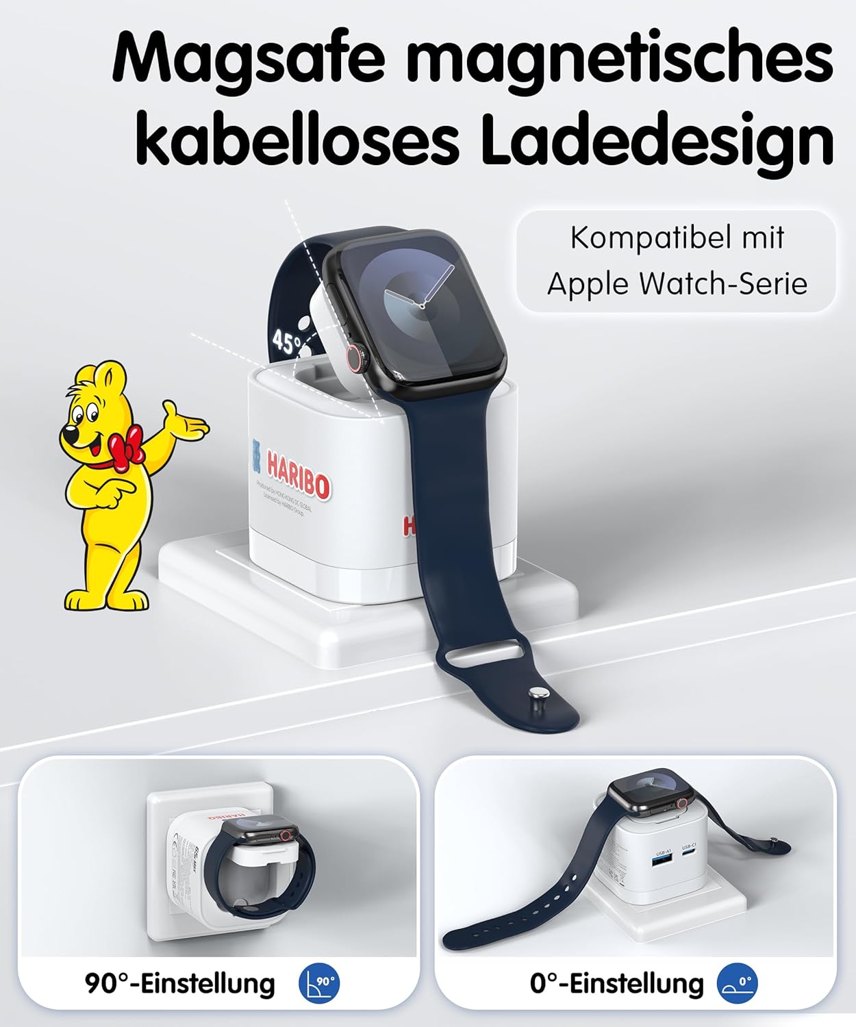 Detalle de Haribo Chargeur USB-C 65W 3-en-1 pour Apple Watch et appareils Apple – Bleu