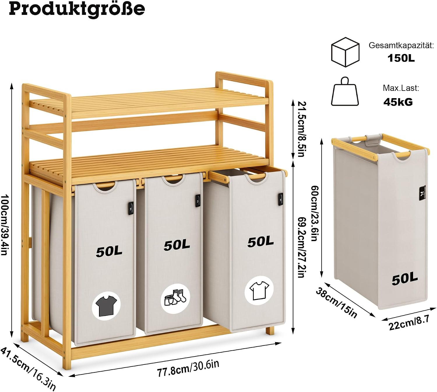 Detalle de ADEL DREAM Kuche-06 wasmand 150 l met 3 vakken, bamboe frame en 2 legplanken