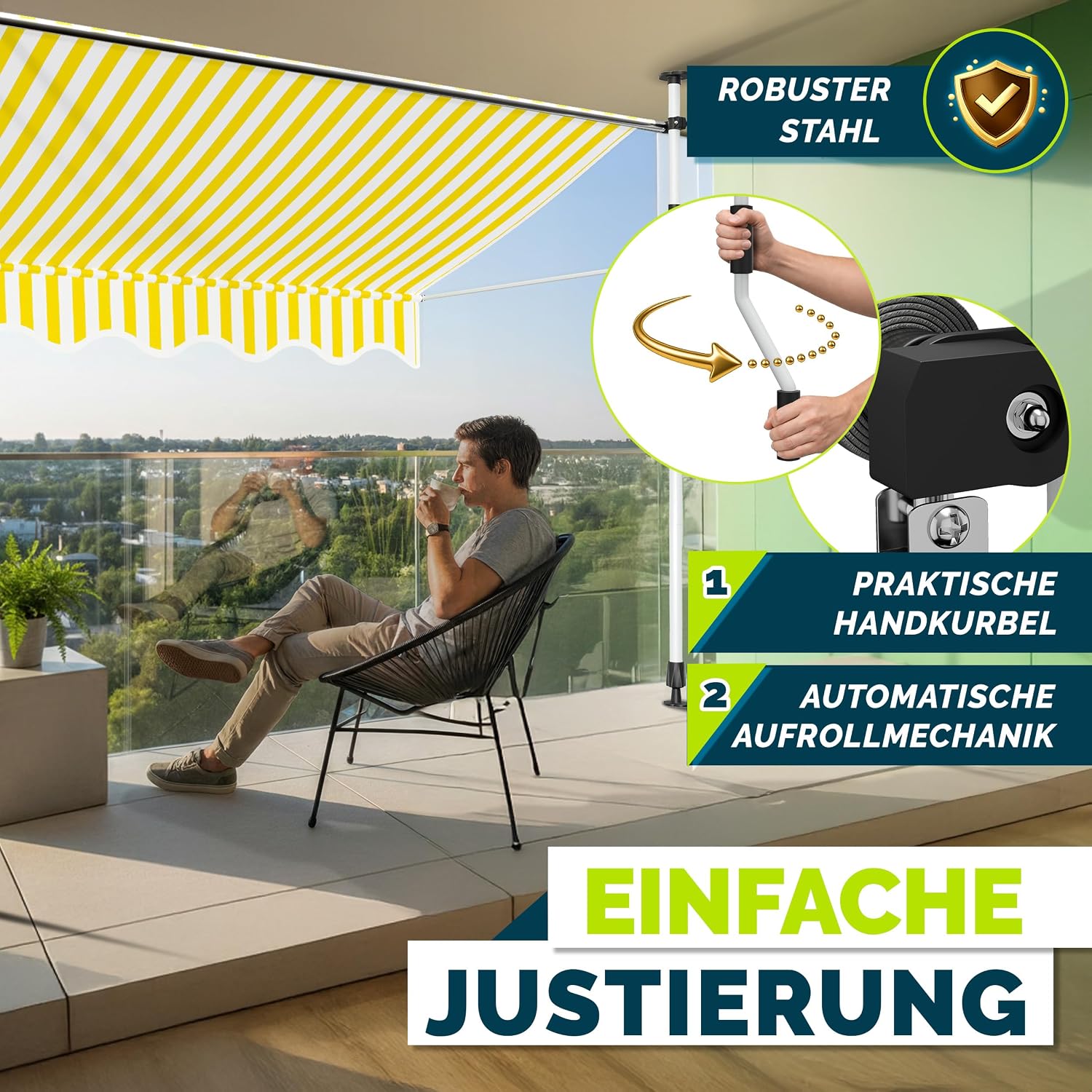 Detalle de tillvex Klemmmarkise mit Handkurbel Balkon – flexibler Sonnenschutz ohne Bohren, 300 cm