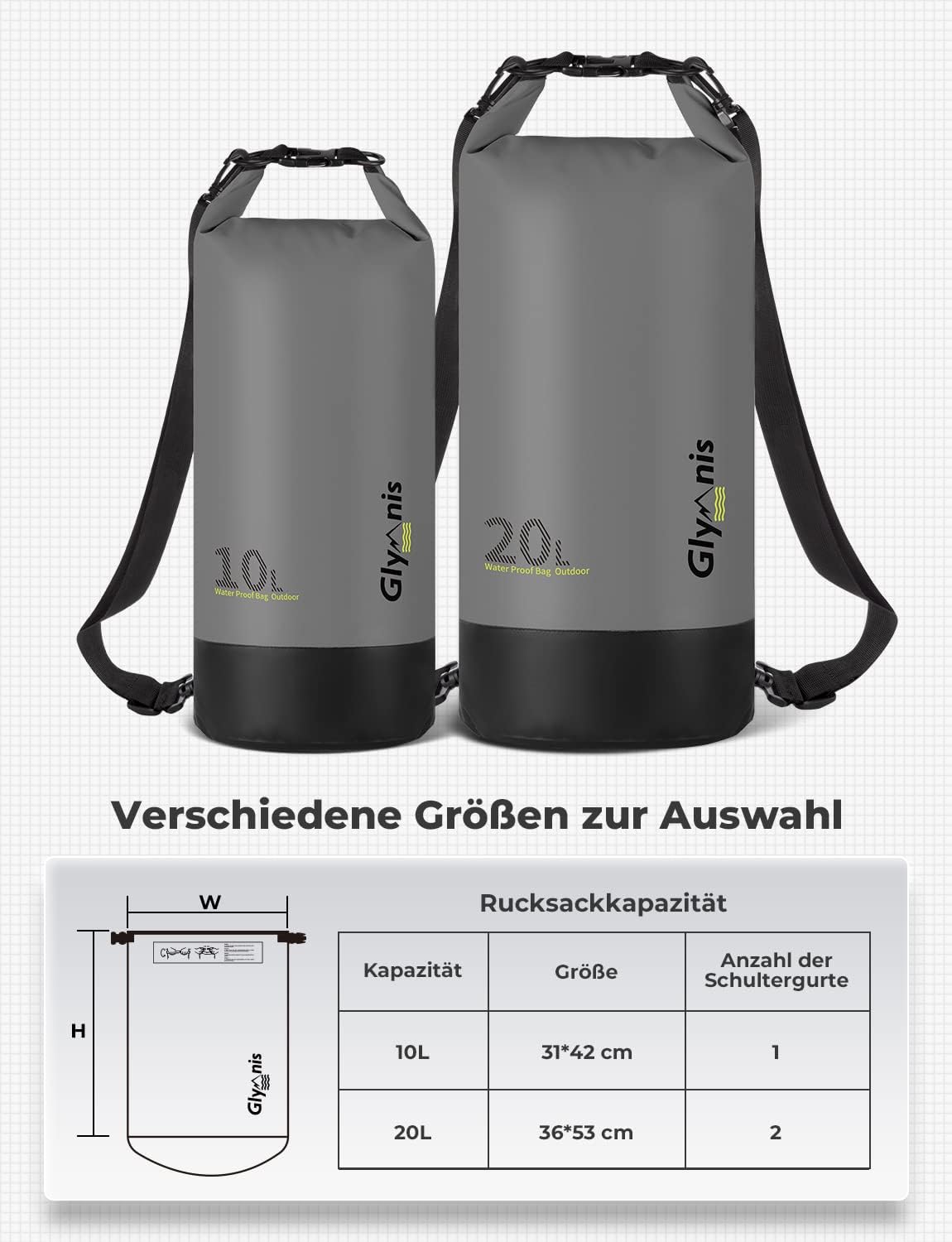 Thumbnail 1 de Glymnis Dry Bag 5L/10L/20L Waterproof Bag with Pouch, Phone Case and Adjustable Straps