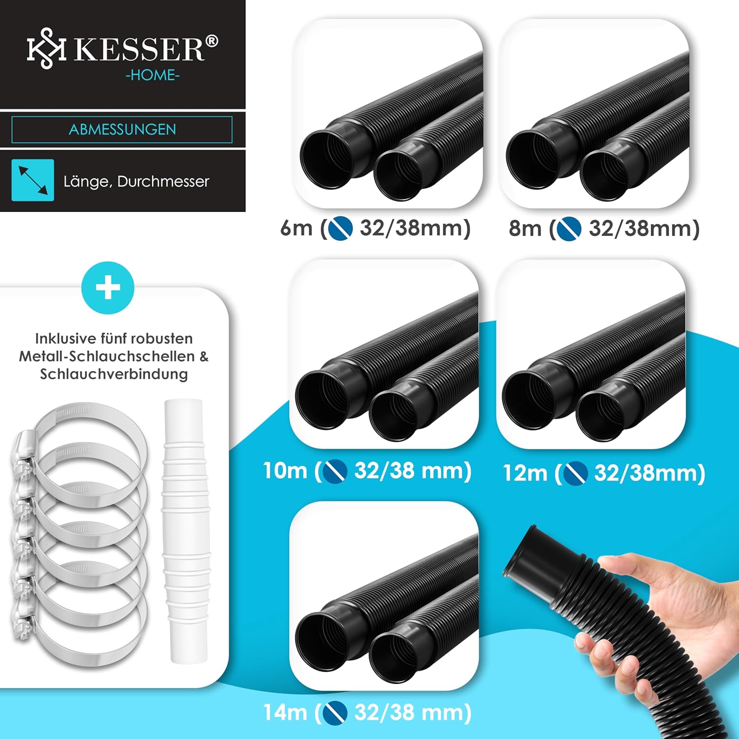 Thumbnail 6 de KESSER® Poolschlauch 12 m, Ø 32 mm – flexibler Schwimmbad-, Saug- und Pumpenschlauch mit Muffen (inkl. Schlauchschellen)