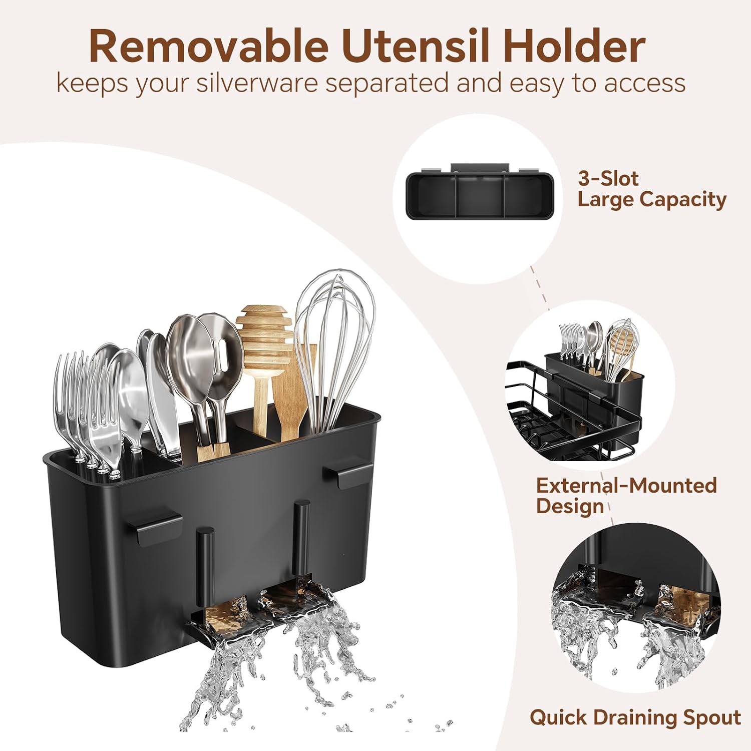 Detalle de Simple Trending Countertop Dish Drainer in Black (Large, 21.5" L) with Utensil Holder and Cup Hooks