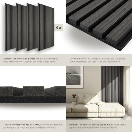 Detalle de tectake Set di 4 Pannelli Acustici Effetto Legno – Quercia Nera, Pannelli Fonoassorbenti Decorativi per Pareti e Soffitti