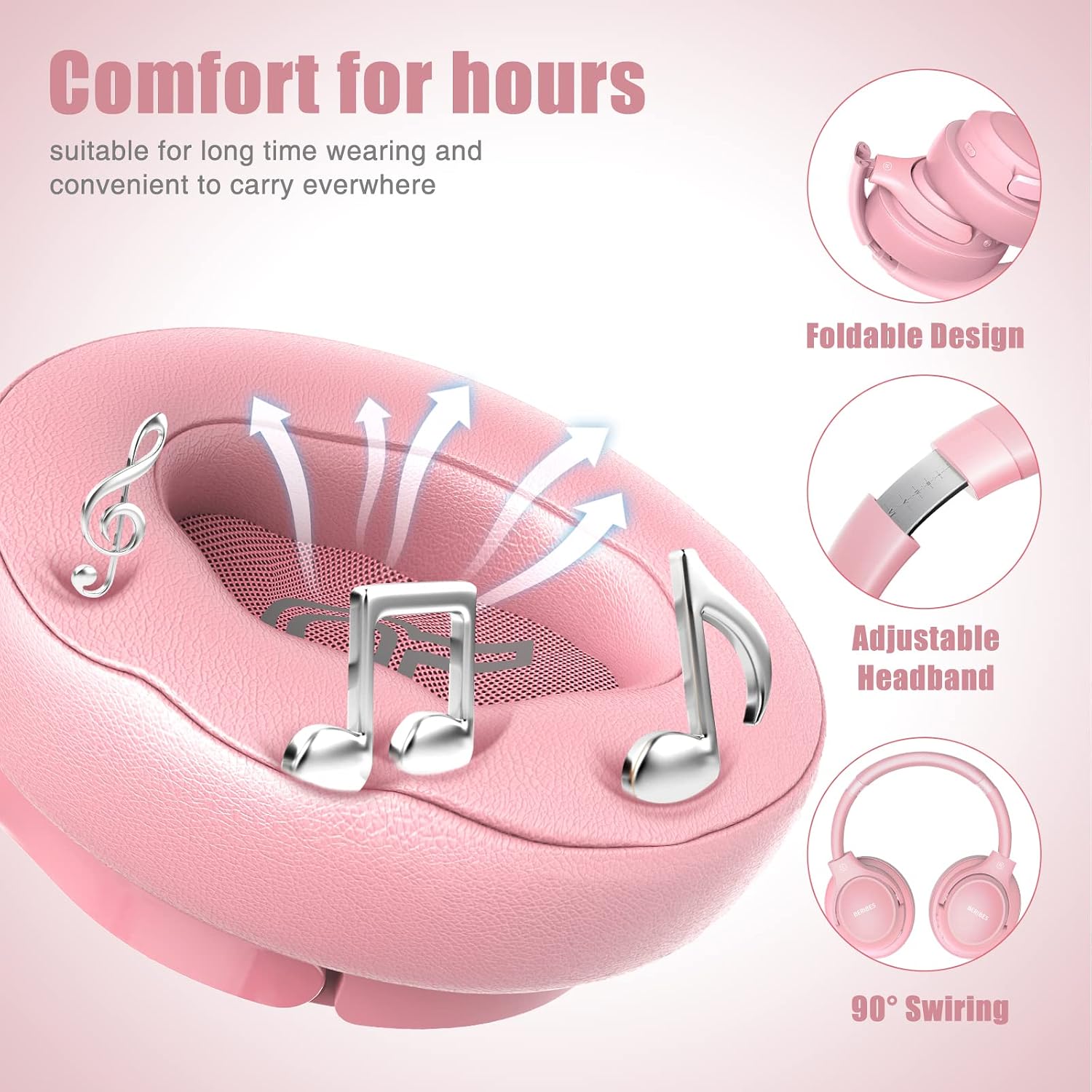 Detalle 2 de BERIBES Bluetooth Over-Ear Kopfhörer – 65 Stunden Akku, 6 EQ‑Modi, Bluetooth 5.2, faltbar, rosa